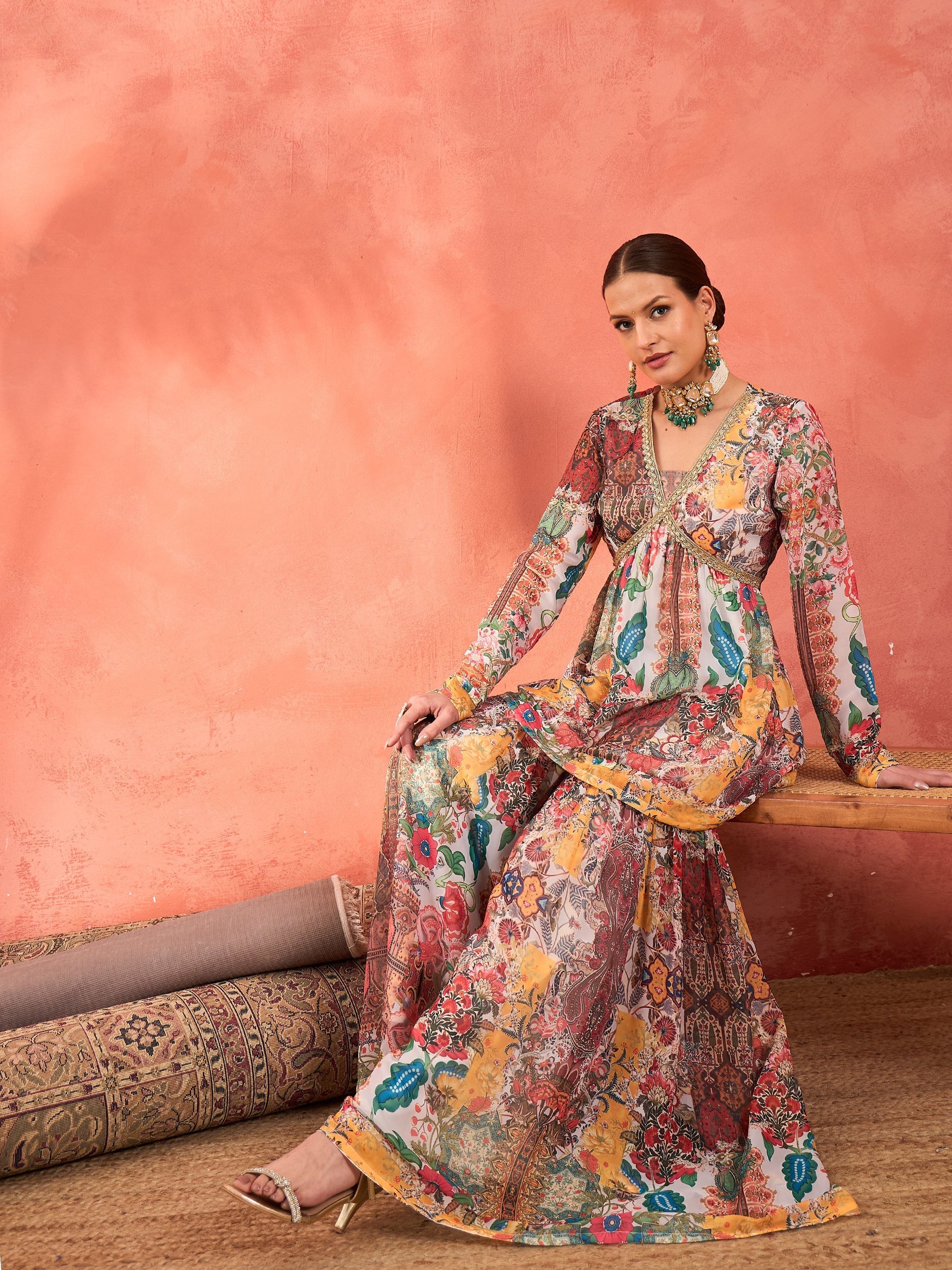 White Multi Floral Peplum Top With Sharara Pants -Shae by SASSAFRAS