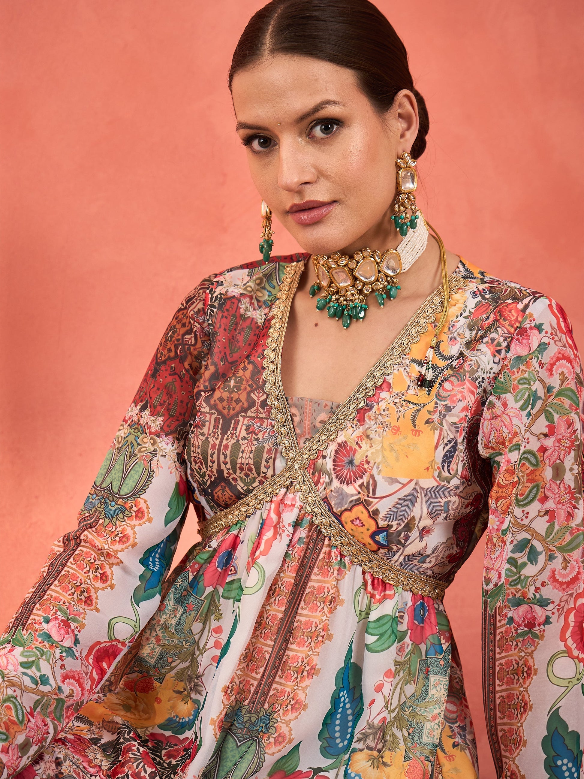 White Multi Floral Peplum Top With Sharara Pants -Shae by SASSAFRAS