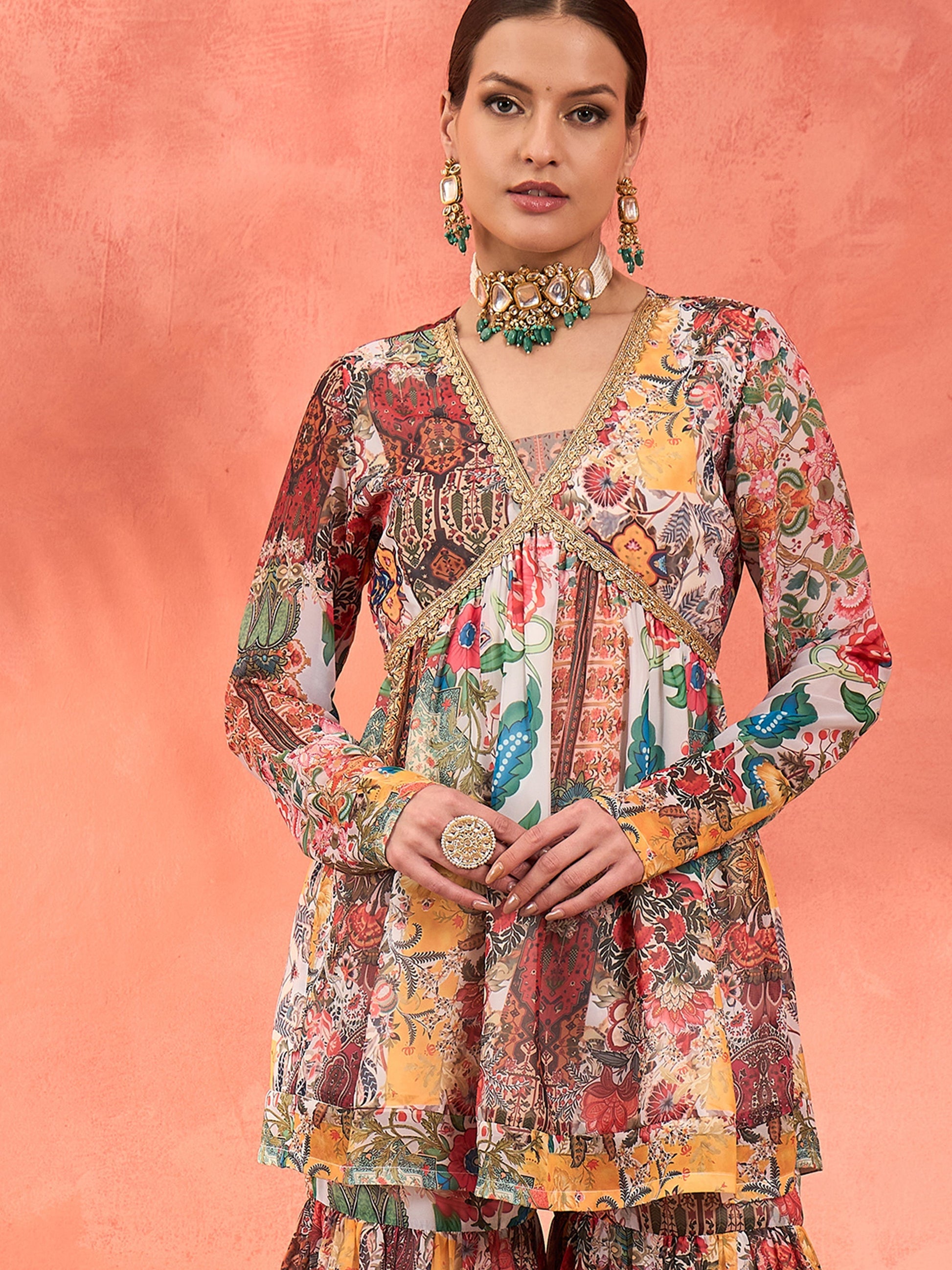 White Multi Floral Peplum Top With Sharara Pants -Shae by SASSAFRAS