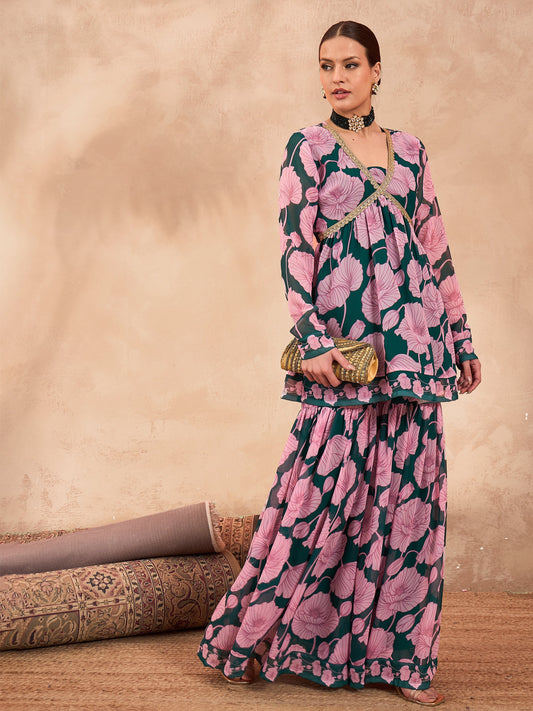 Green & Pink Floral Peplum Top With Sharara Pants -Shae by SASSAFRAS