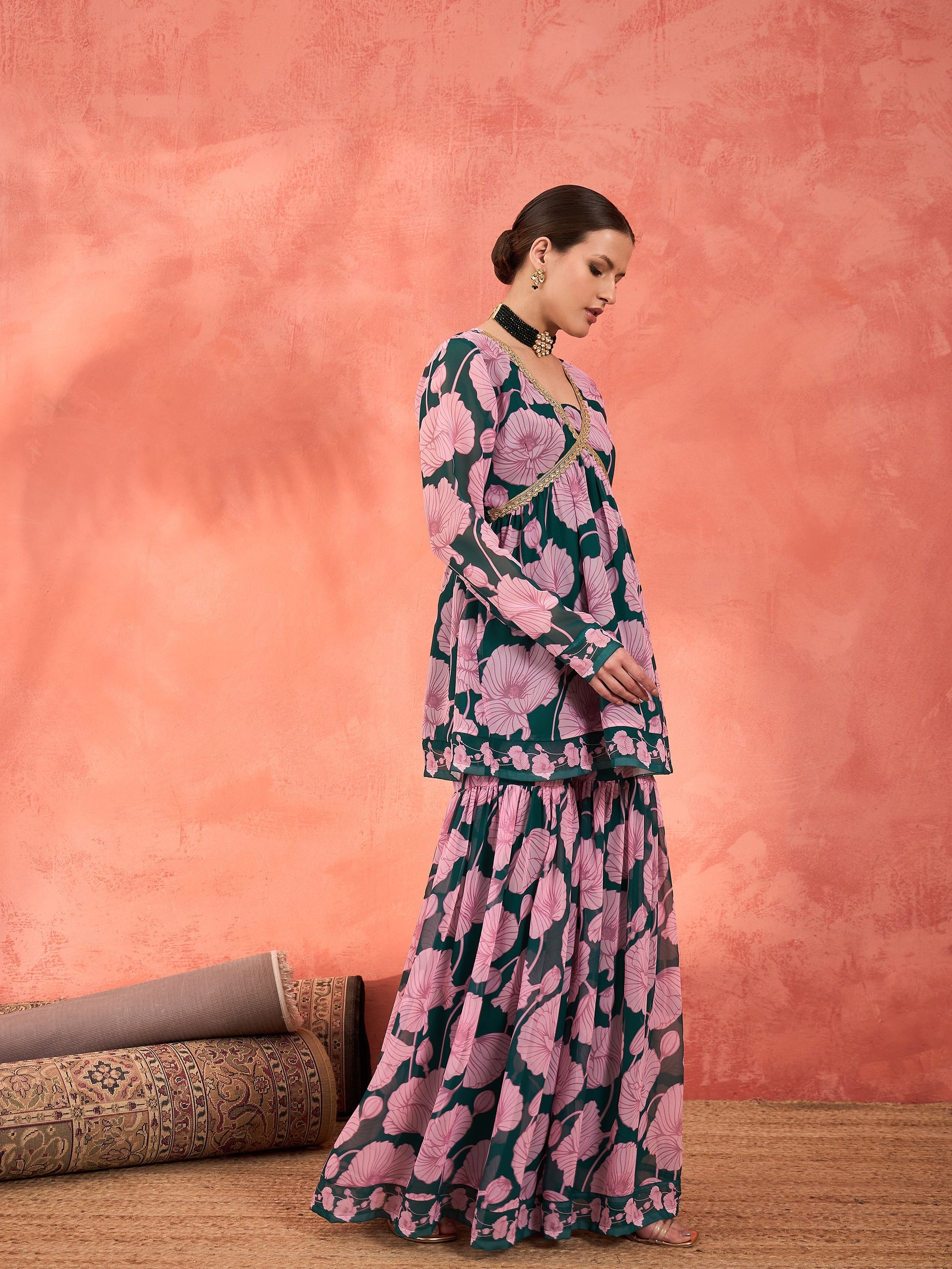 Green & Pink Floral Peplum Top With Sharara Pants -Shae by SASSAFRAS