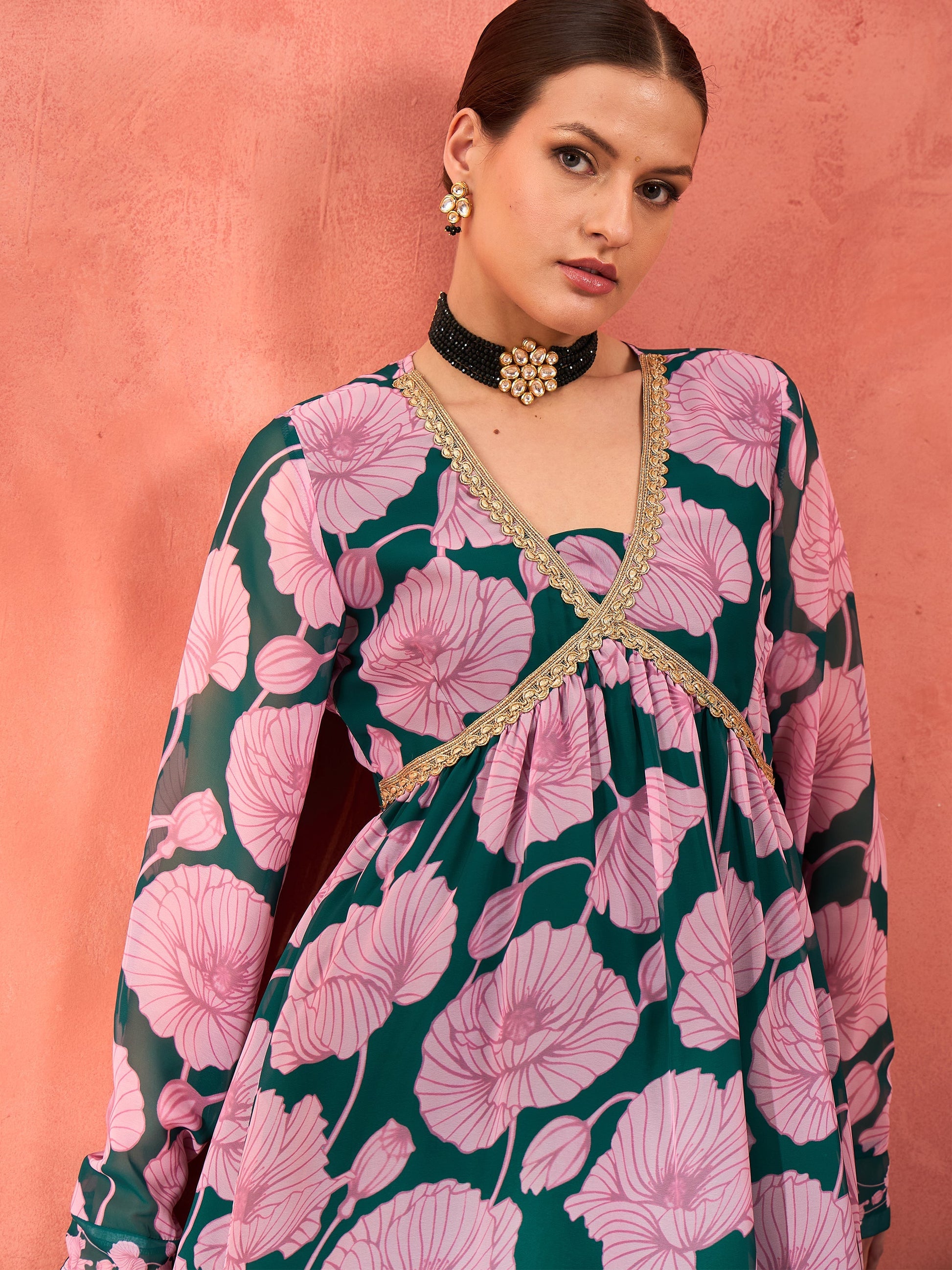Green & Pink Floral Peplum Top With Sharara Pants -Shae by SASSAFRAS