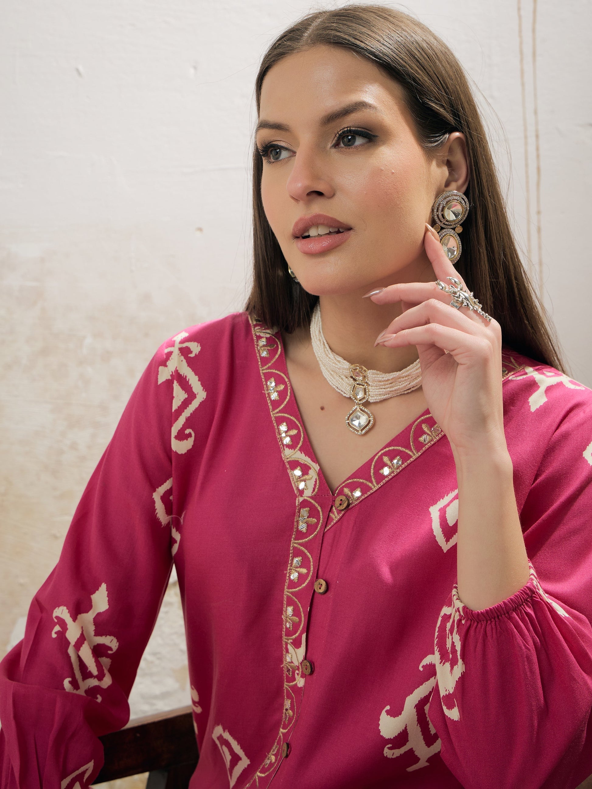 Pink & White Ethnic Motif Rayon Shirt With Palazzos-Shae by SASSAFRAS