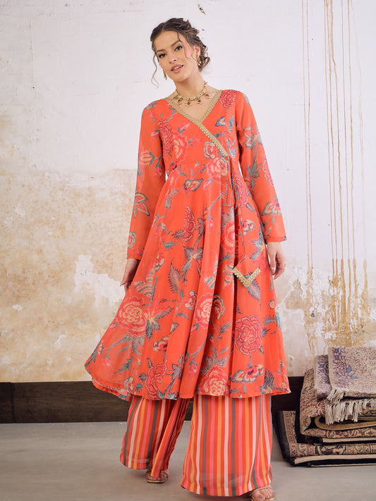 Red Floral Wrap Anarkali Kurta With Stripes Palazzo-Shae by SASSAFRAS
