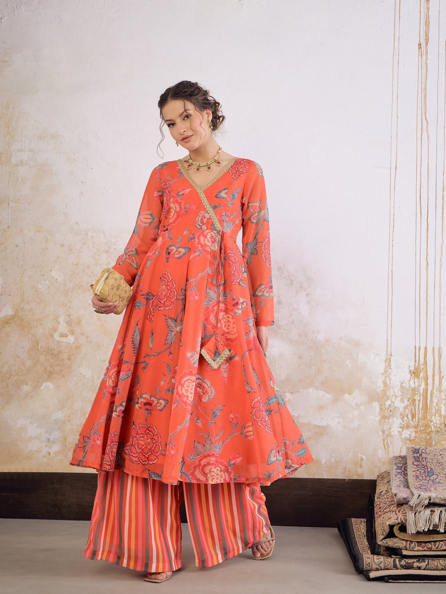 Red Floral Wrap Anarkali Kurta With Stripes Palazzo-Shae by SASSAFRAS