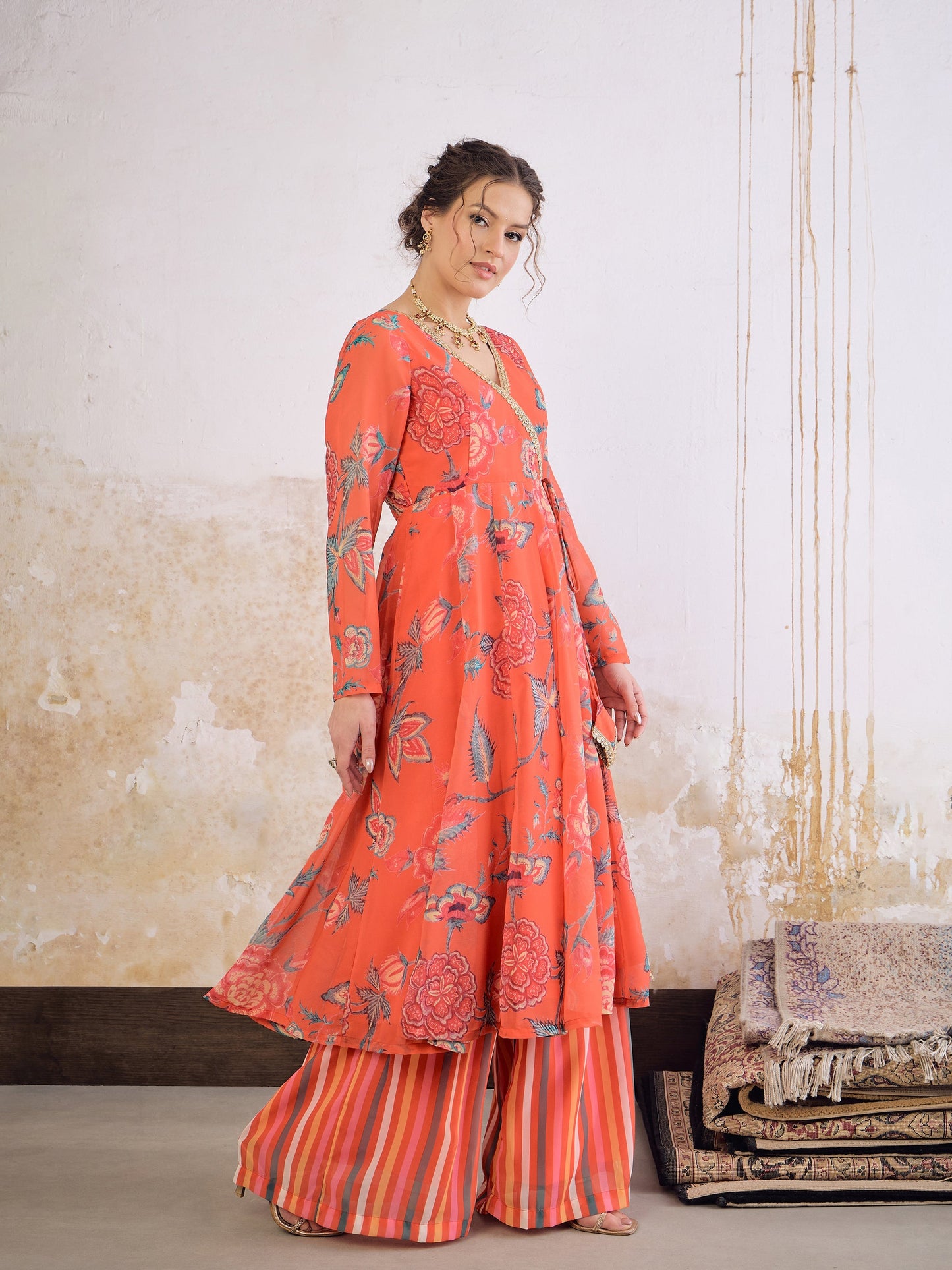 Red Floral Wrap Anarkali Kurta With Stripes Palazzo-Shae by SASSAFRAS