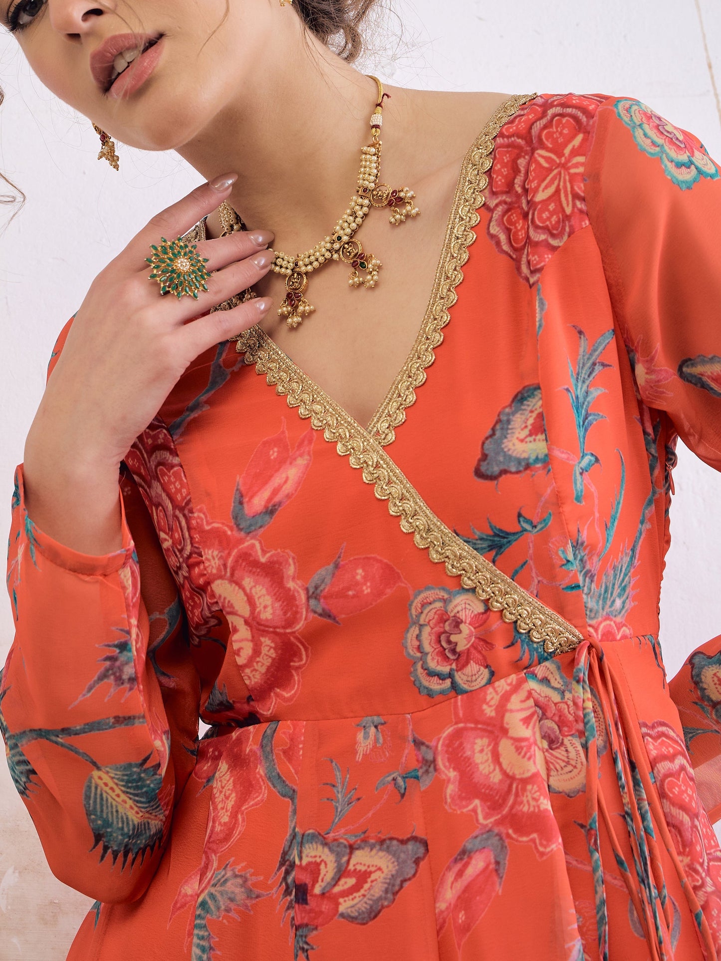 Red Floral Wrap Anarkali Kurta With Stripes Palazzo-Shae by SASSAFRAS