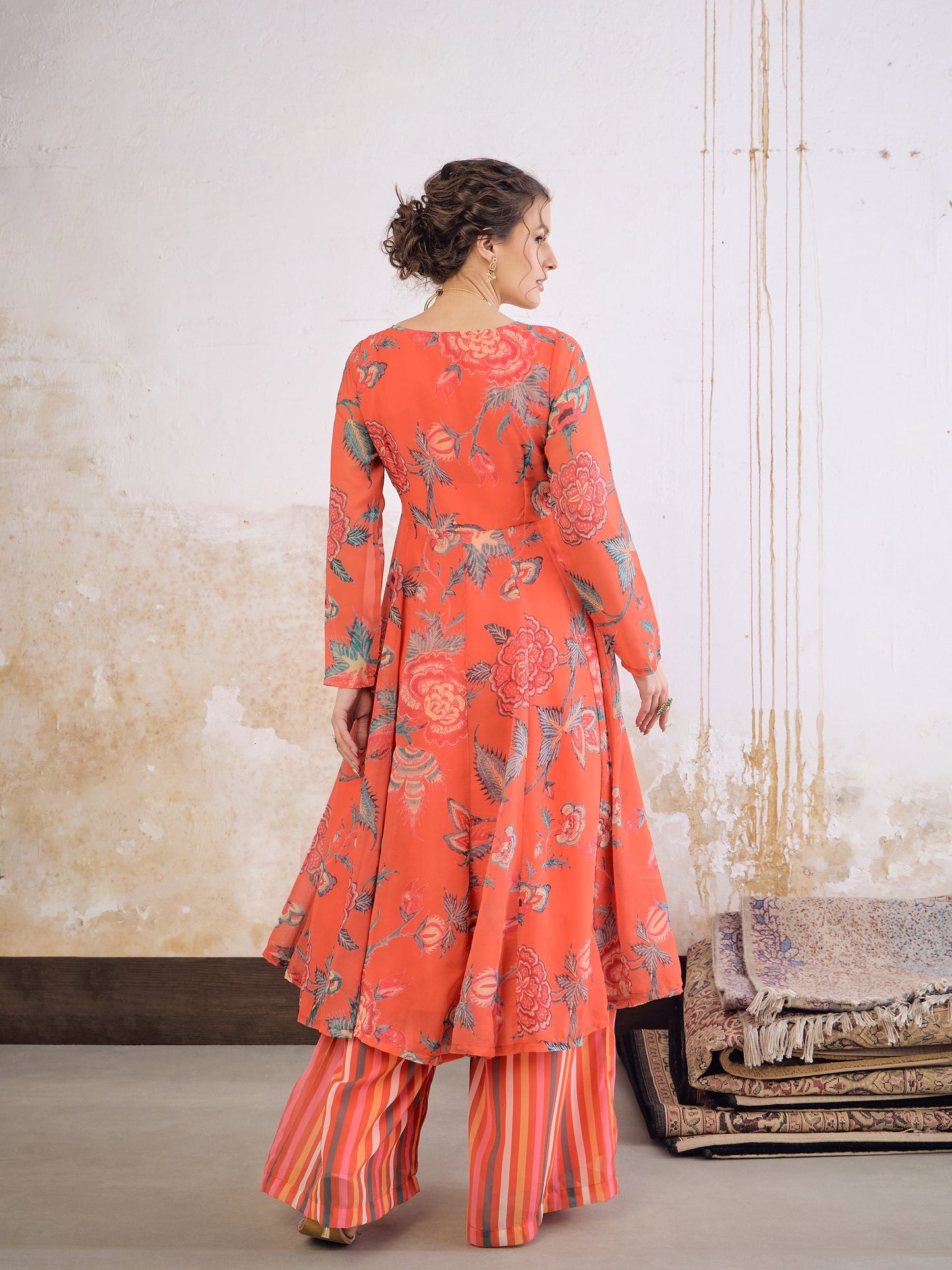 Red Floral Wrap Anarkali Kurta With Stripes Palazzo-Shae by SASSAFRAS