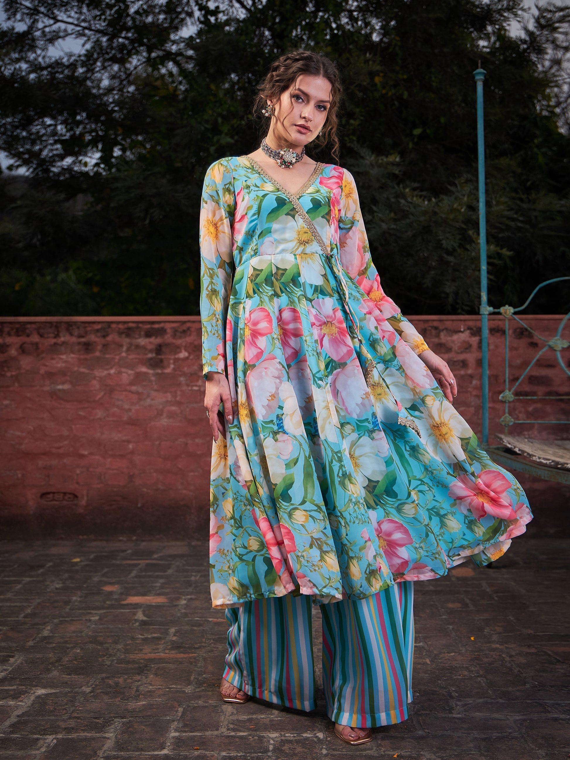 Aqua Blue Floral Wrap Anarkali Kurta With Stripes Palazzo-Shae by SASSAFRAS