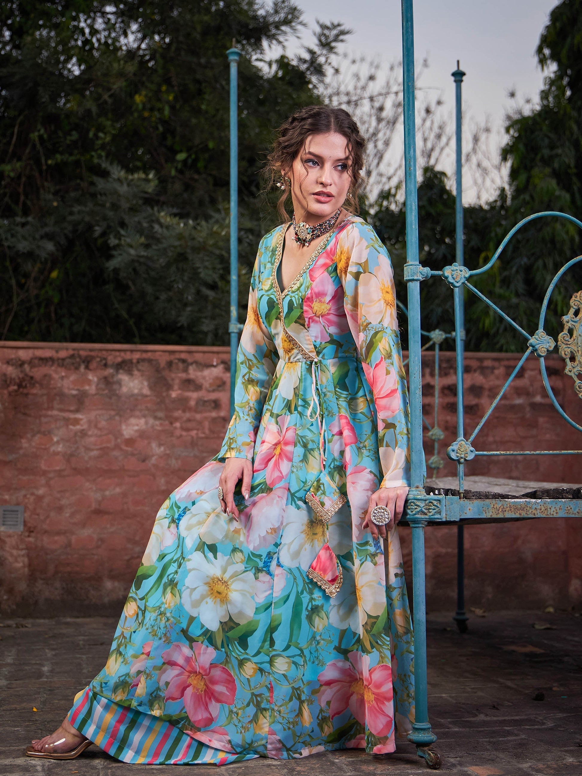 Aqua Blue Floral Wrap Anarkali Kurta With Stripes Palazzo-Shae by SASSAFRAS