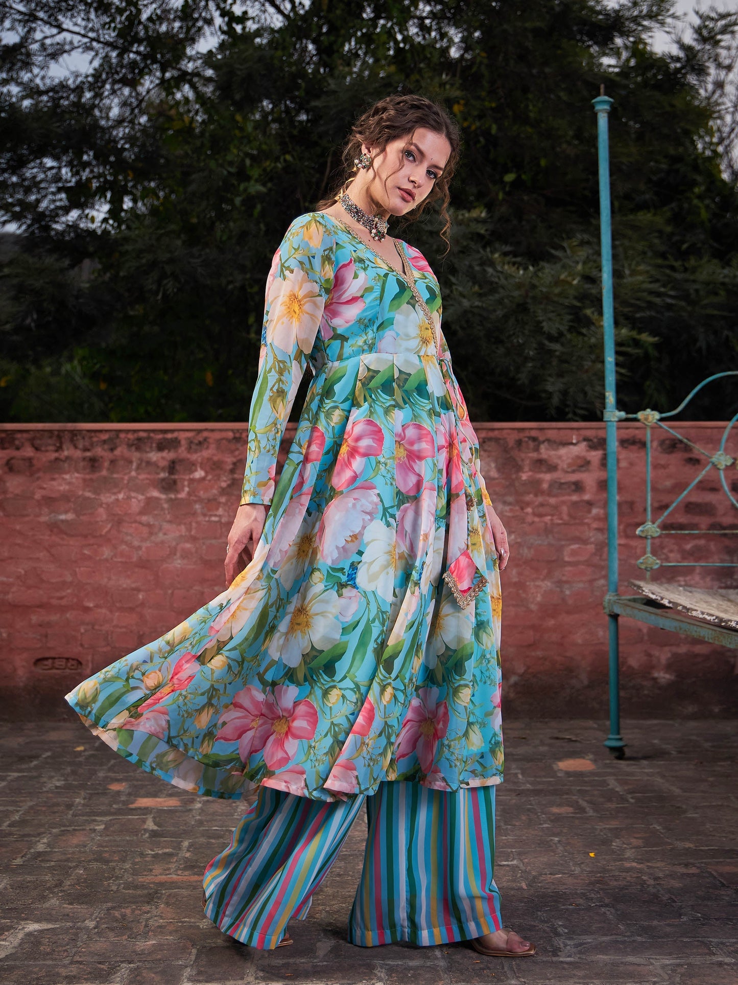 Aqua Blue Floral Wrap Anarkali Kurta With Stripes Palazzo-Shae by SASSAFRAS