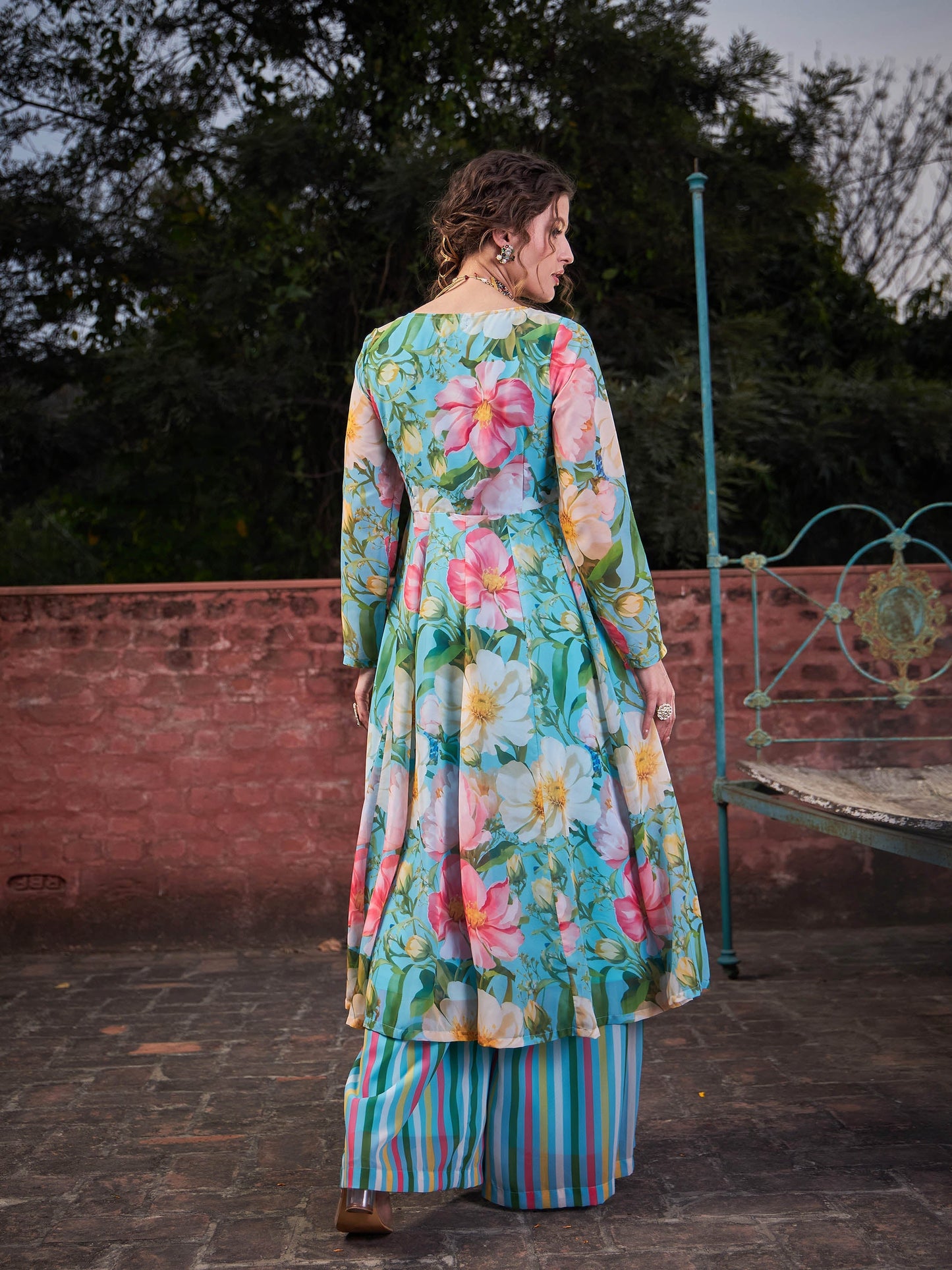 Aqua Blue Floral Wrap Anarkali Kurta With Stripes Palazzo-Shae by SASSAFRAS