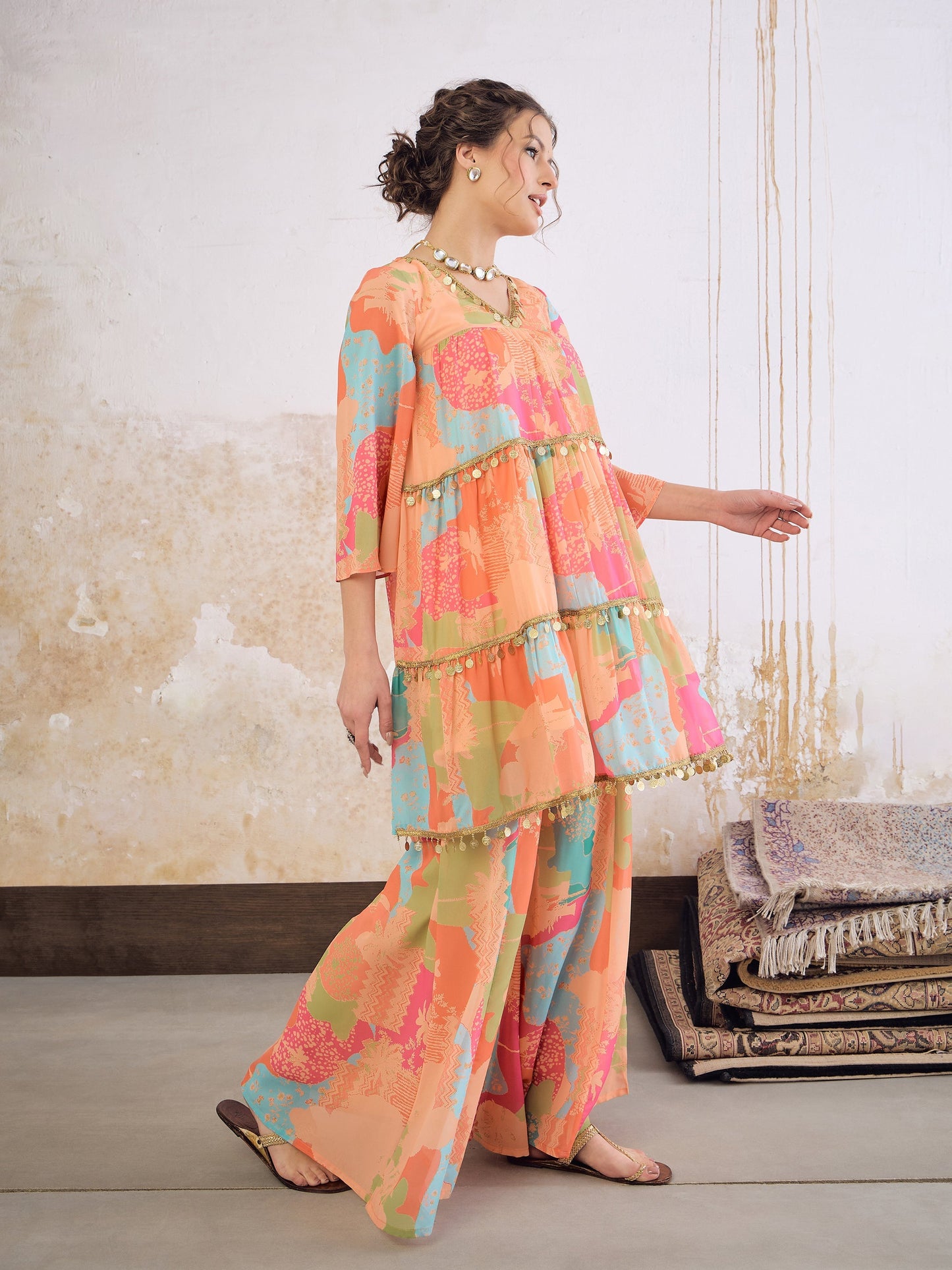 Orange Tie & Dye Coin Lace Tired Kurta With Sharara Pants -Shae by SASSAFRAS