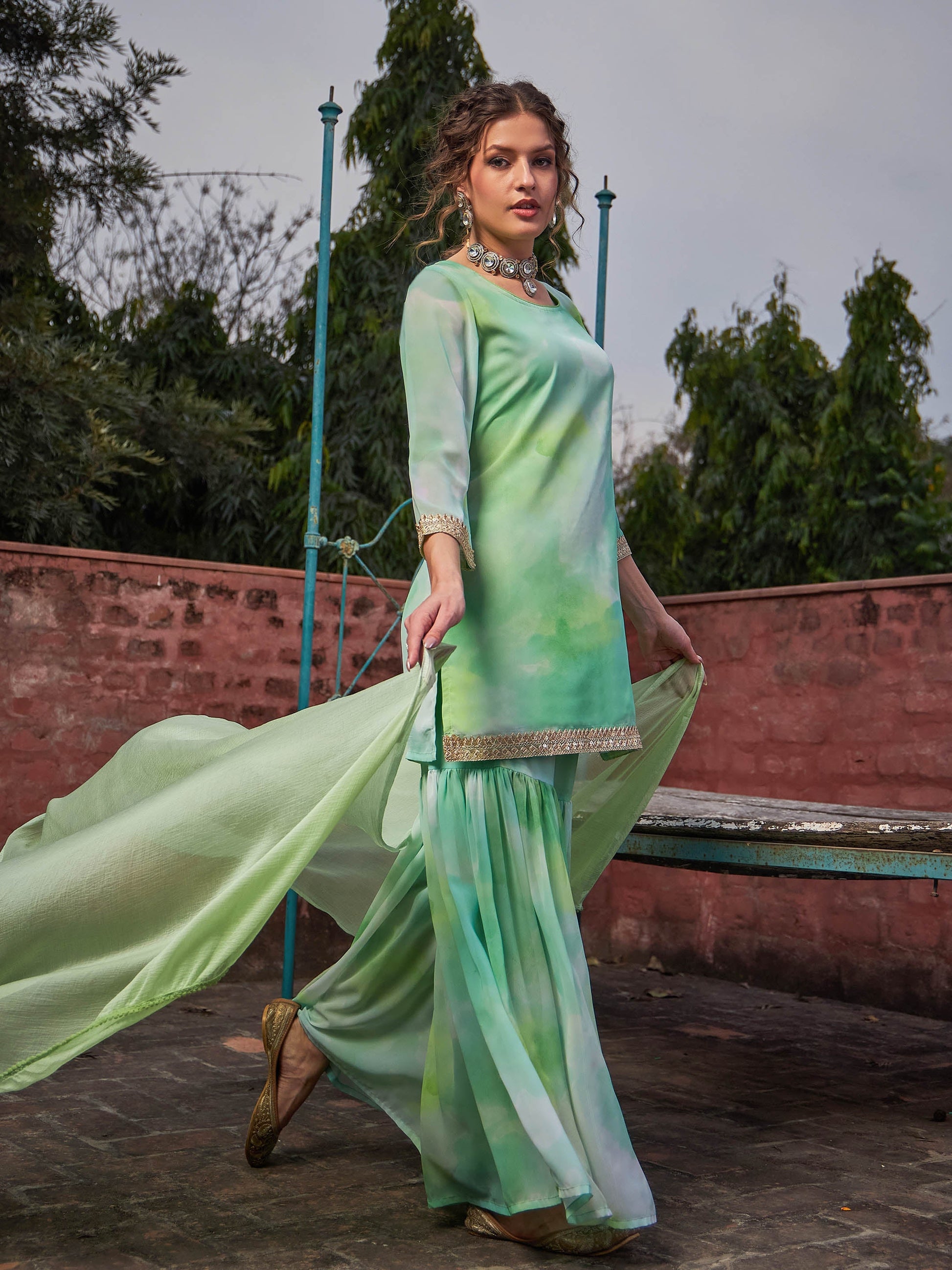 Lime Green Tie & Dye Short Kurta With Sharara Pants & Dupatta-Shae by SASSAFRAS