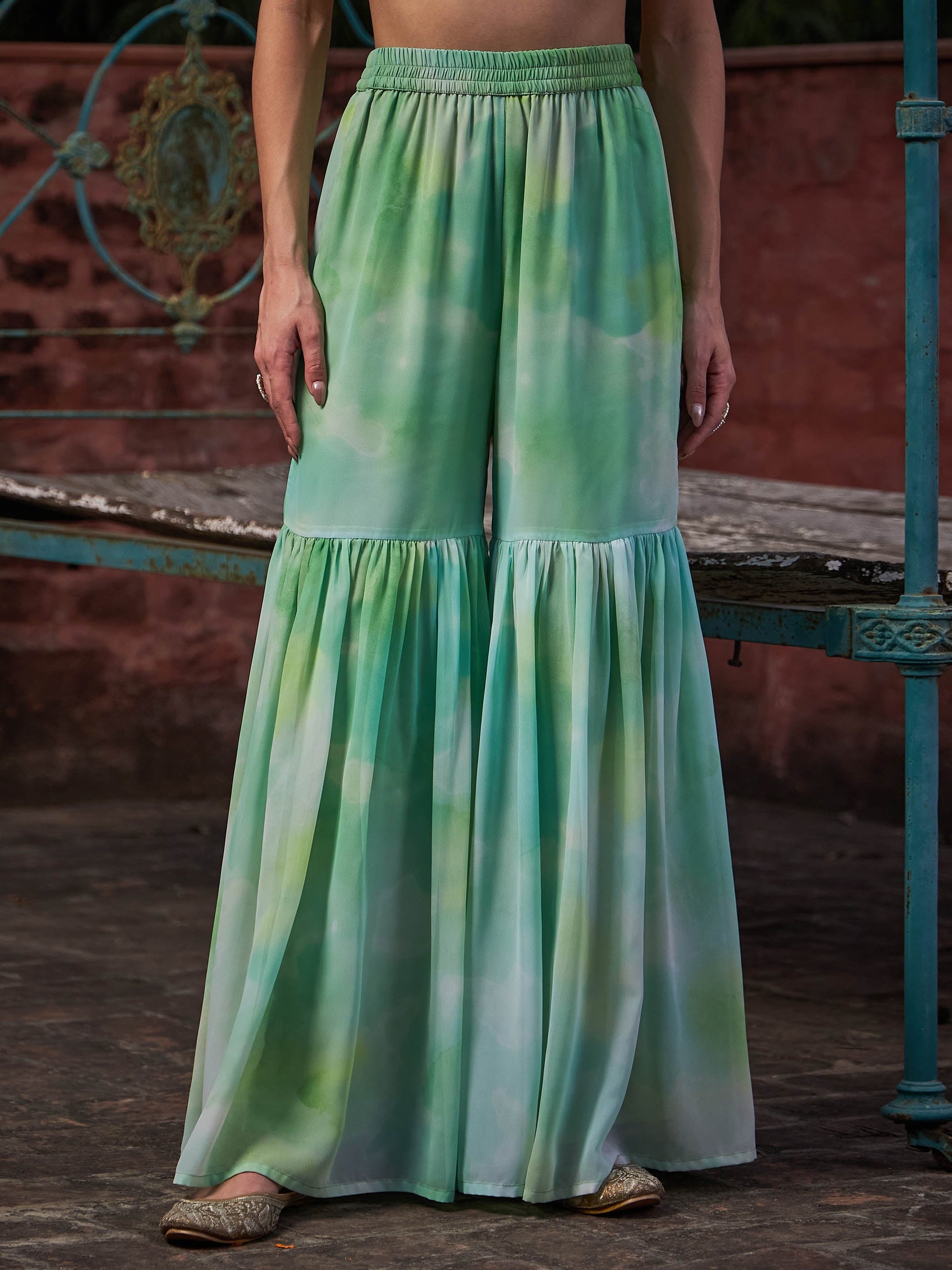 Lime Green Tie & Dye Short Kurta With Sharara Pants & Dupatta-Shae by SASSAFRAS