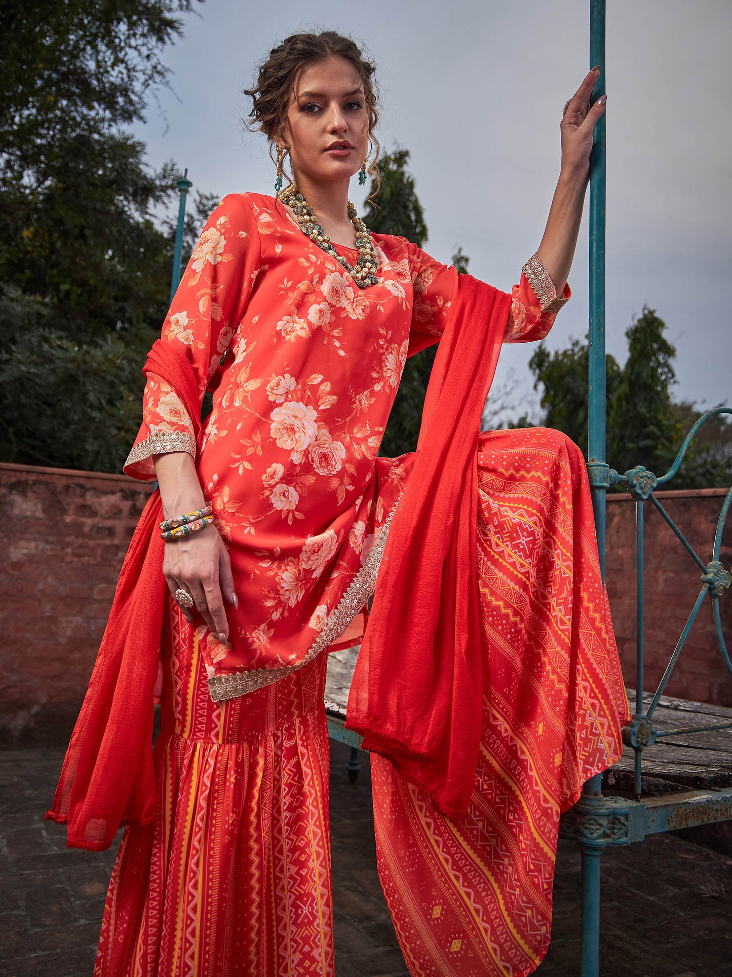 Orange Floral Short Kurta With Sharara Pants & Dupatta-Shae by SASSAFRAS