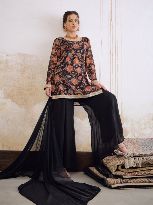 Women Black Floral Short Kurta With Solid Palazzo Pants & Dupatta
