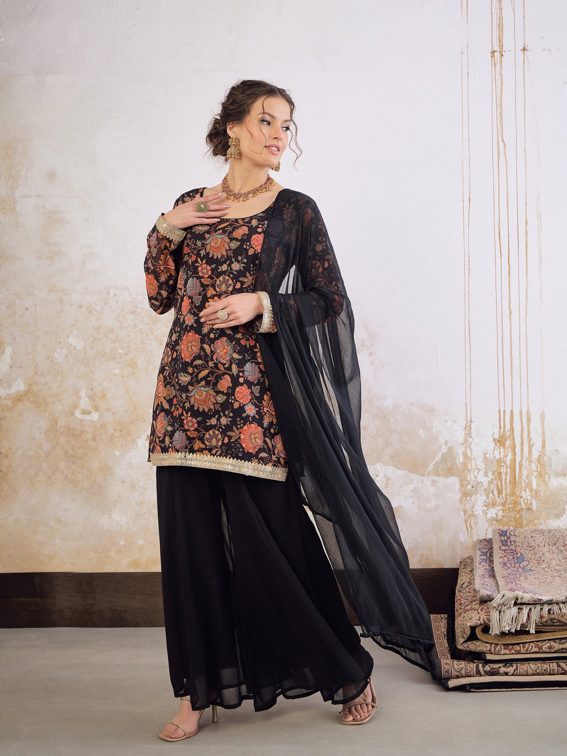 Black Floral Short Kurta With Solid Palazzo Pants & Dupatta-Shae by SASSAFRAS