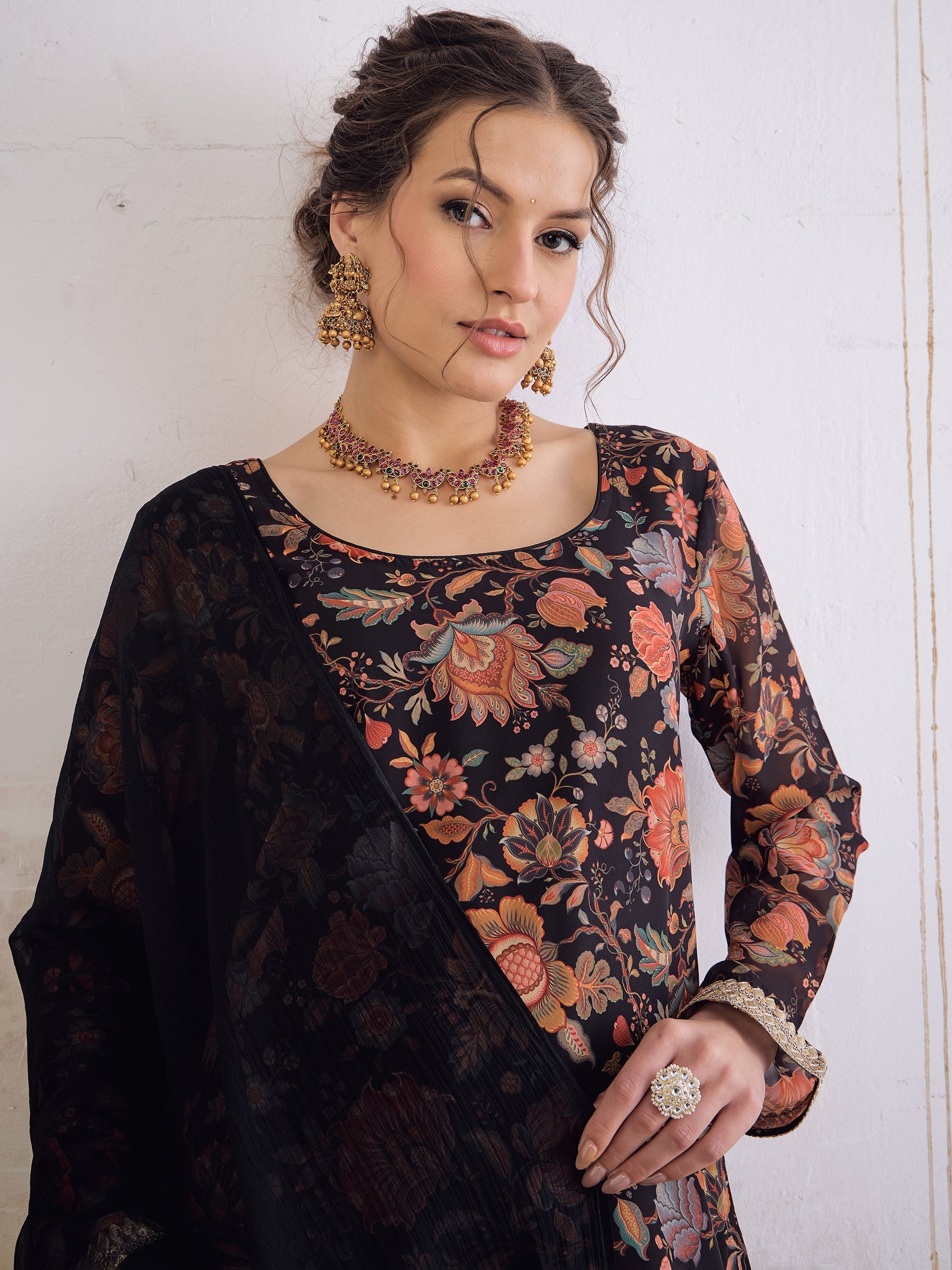 Black Floral Short Kurta With Solid Palazzo Pants & Dupatta-Shae by SASSAFRAS