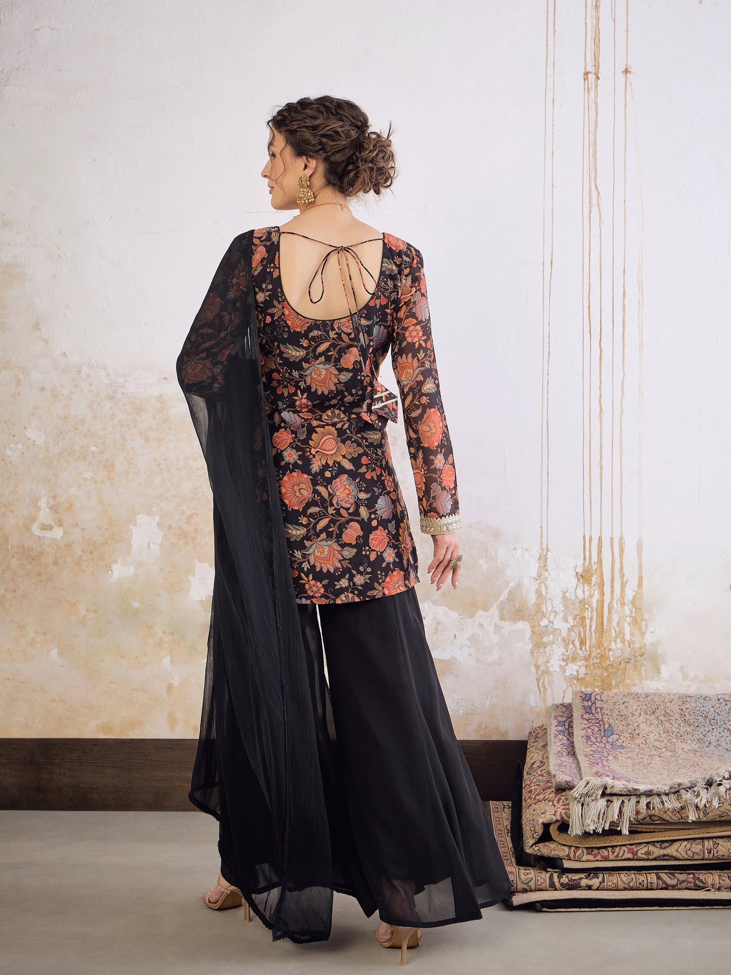 Black Floral Short Kurta With Solid Palazzo Pants & Dupatta-Shae by SASSAFRAS