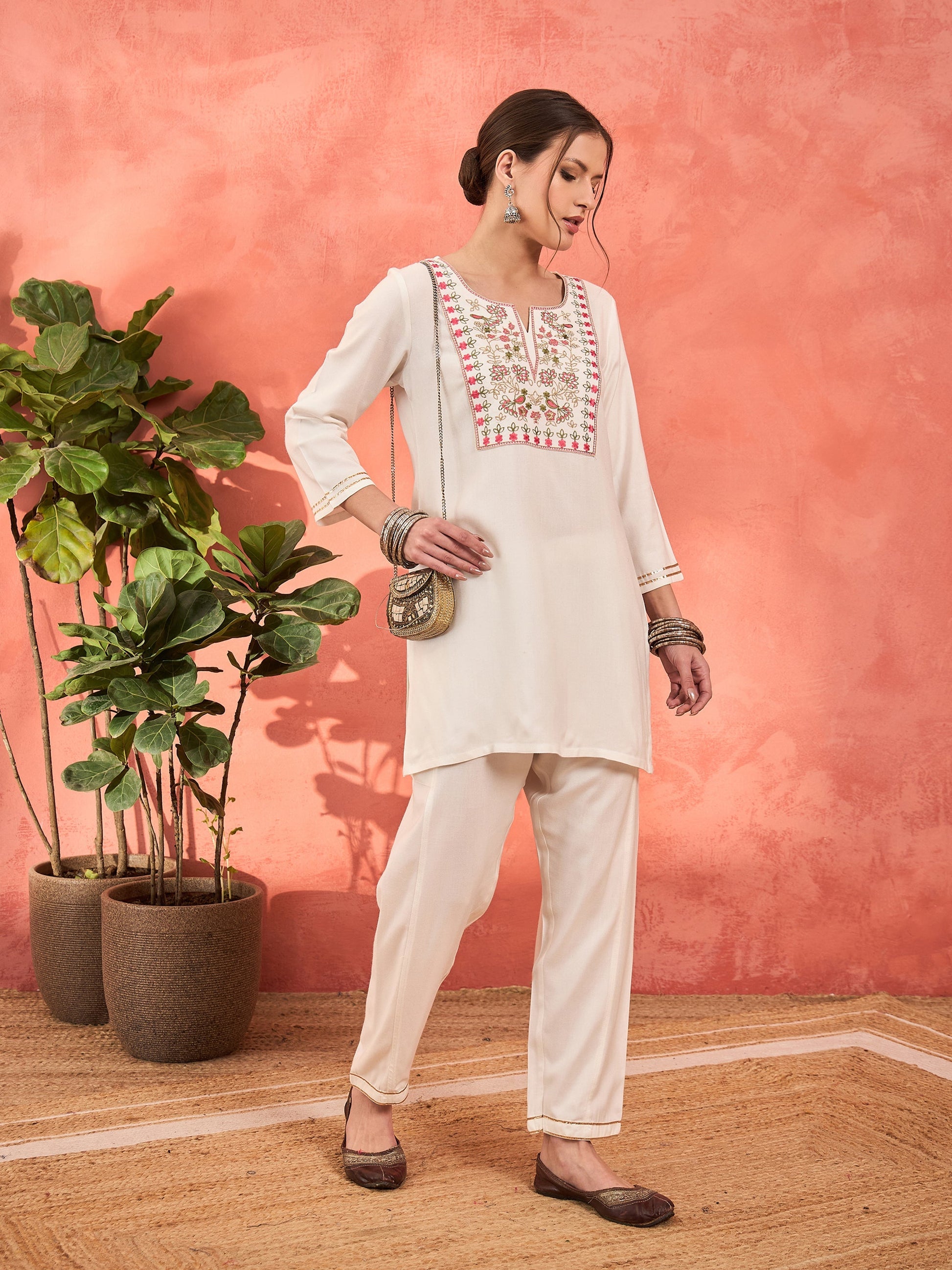 White Rayon Embroidered Short Kurta With Salwar-Shae by SASSAFRAS
