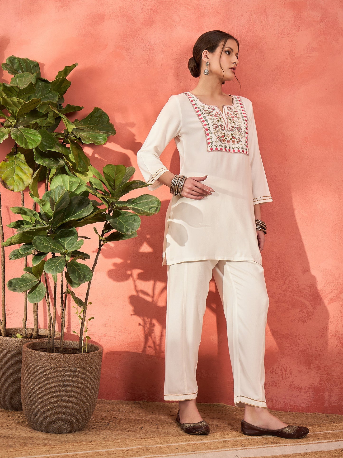 White Rayon Embroidered Short Kurta With Salwar-Shae by SASSAFRAS