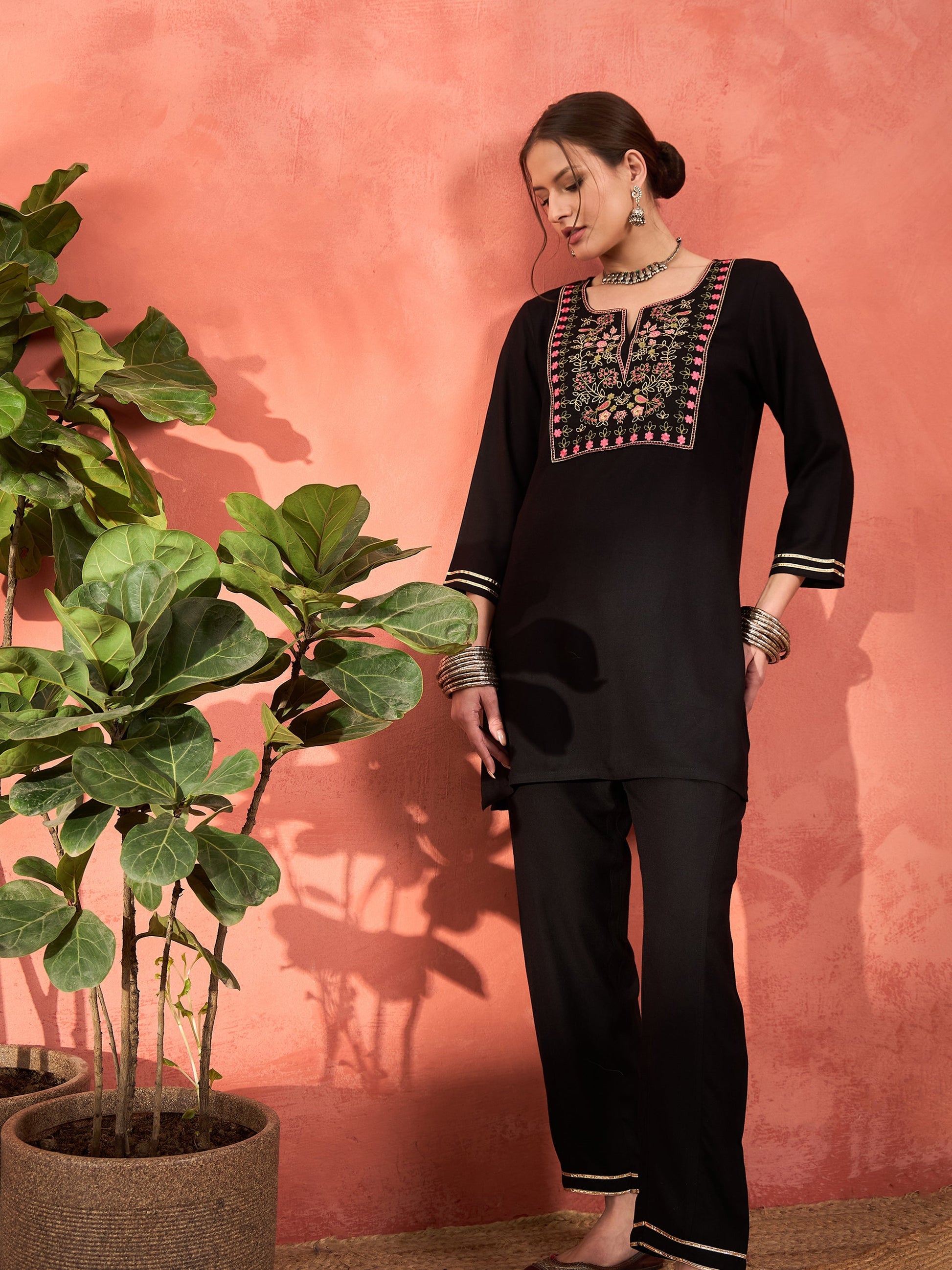 Black Rayon Embroidered Short Kurta With Salwar-Shae by SASSAFRAS