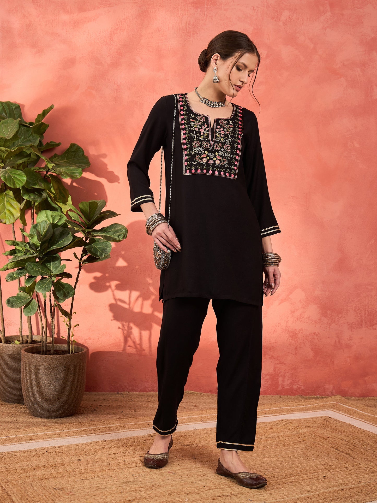 Black Rayon Embroidered Short Kurta With Salwar-Shae by SASSAFRAS