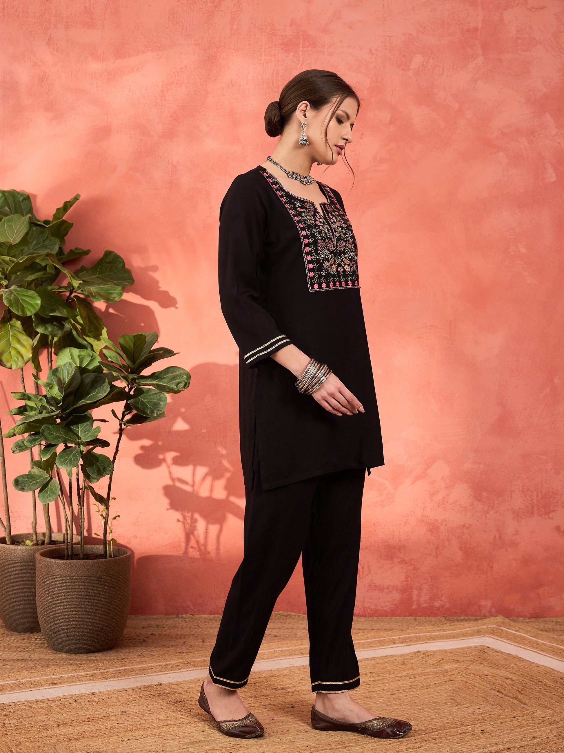 Black Rayon Embroidered Short Kurta With Salwar-Shae by SASSAFRAS
