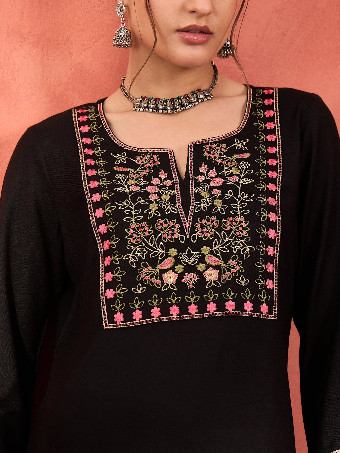 Black Rayon Embroidered Short Kurta With Salwar-Shae by SASSAFRAS