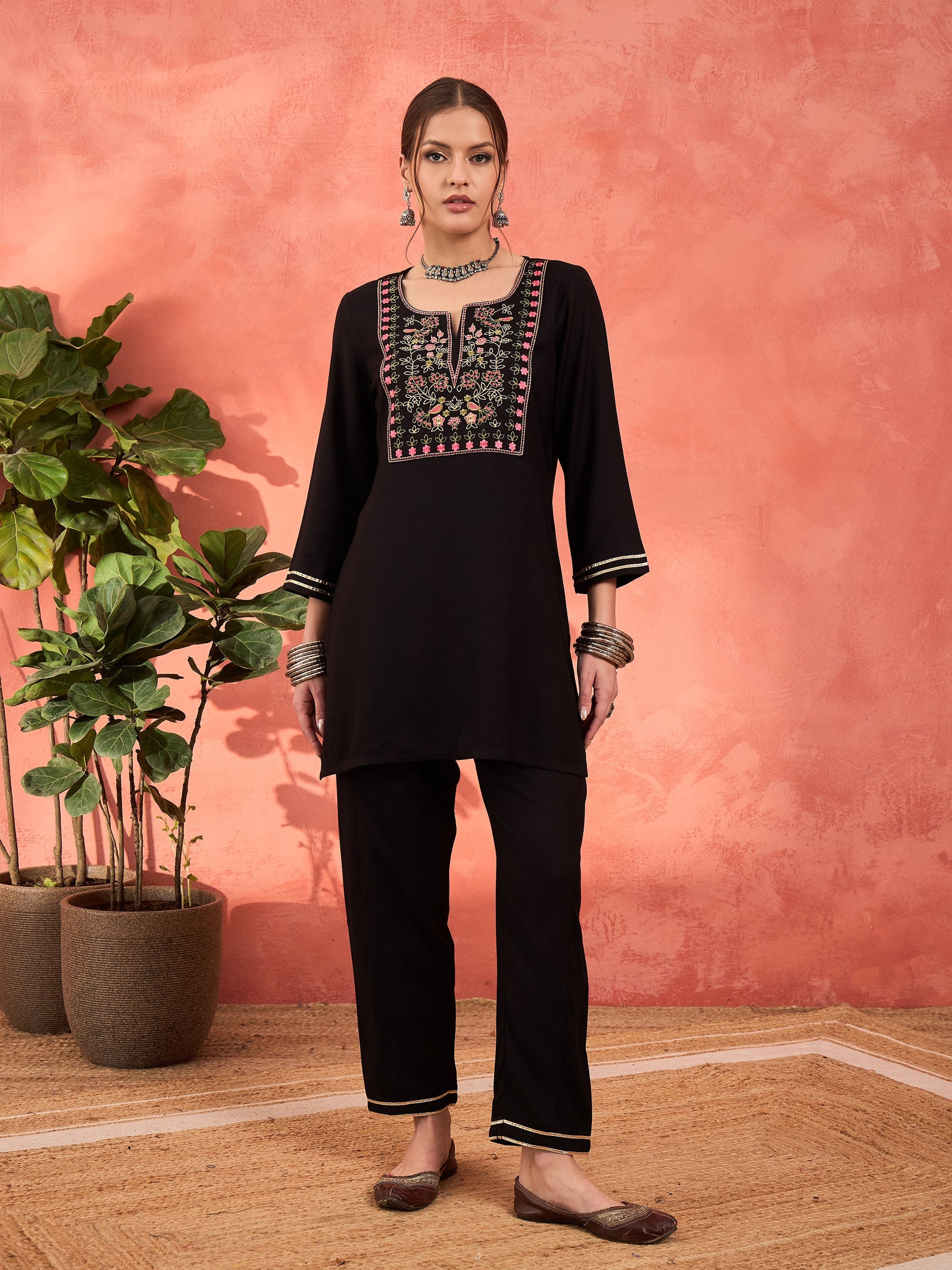 Black Rayon Embroidered Short Kurta With Salwar-Shae by SASSAFRAS