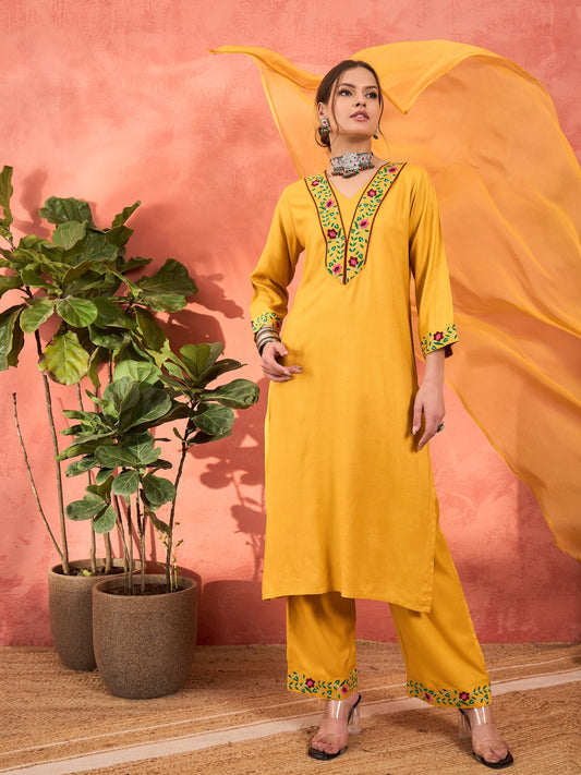 Mustard Rayon Embroidered Kurta With Pencil Pants & Dupatta-Shae by SASSAFRAS