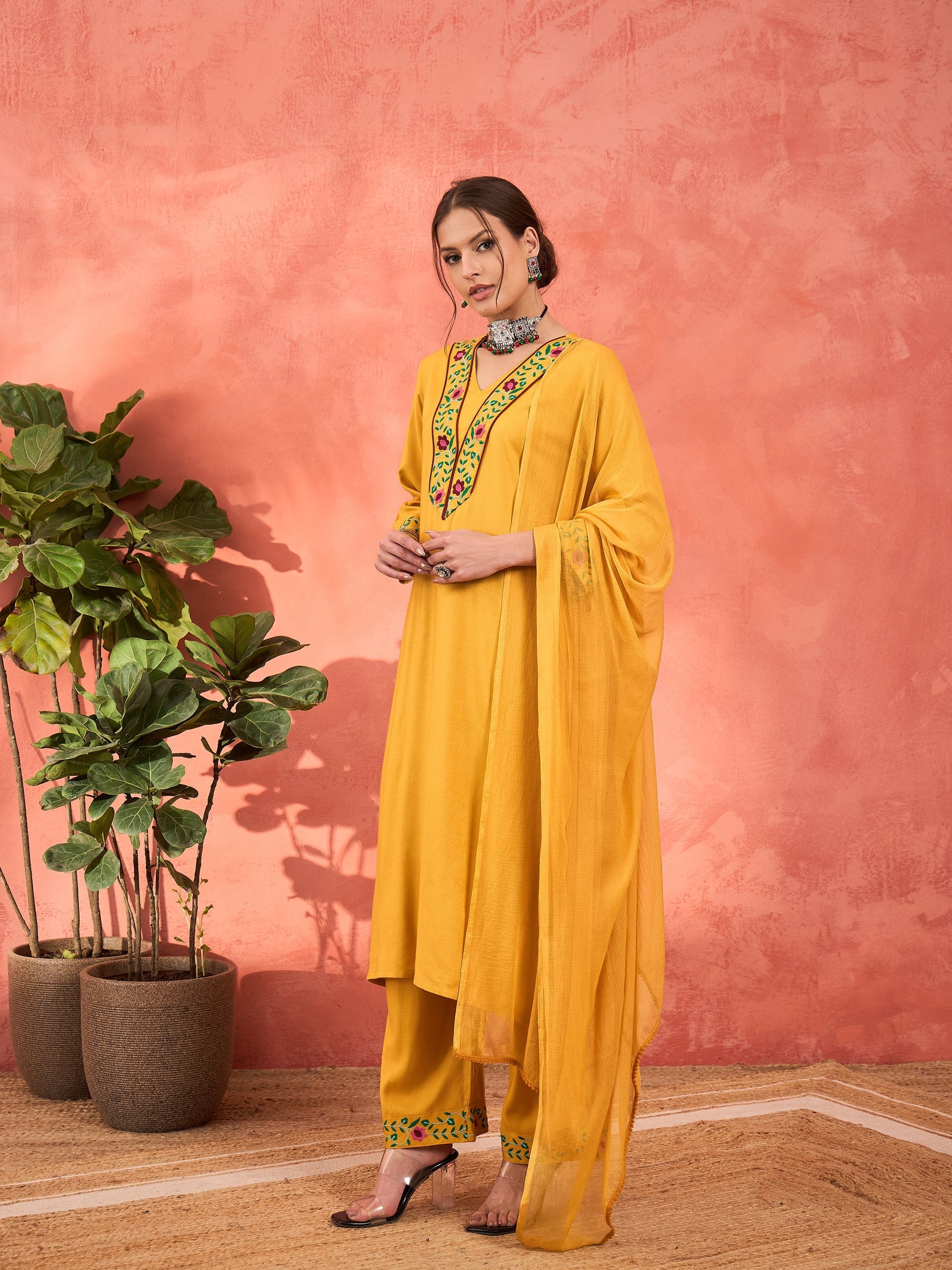 Mustard Rayon Embroidered Kurta With Pencil Pants & Dupatta-Shae by SASSAFRAS