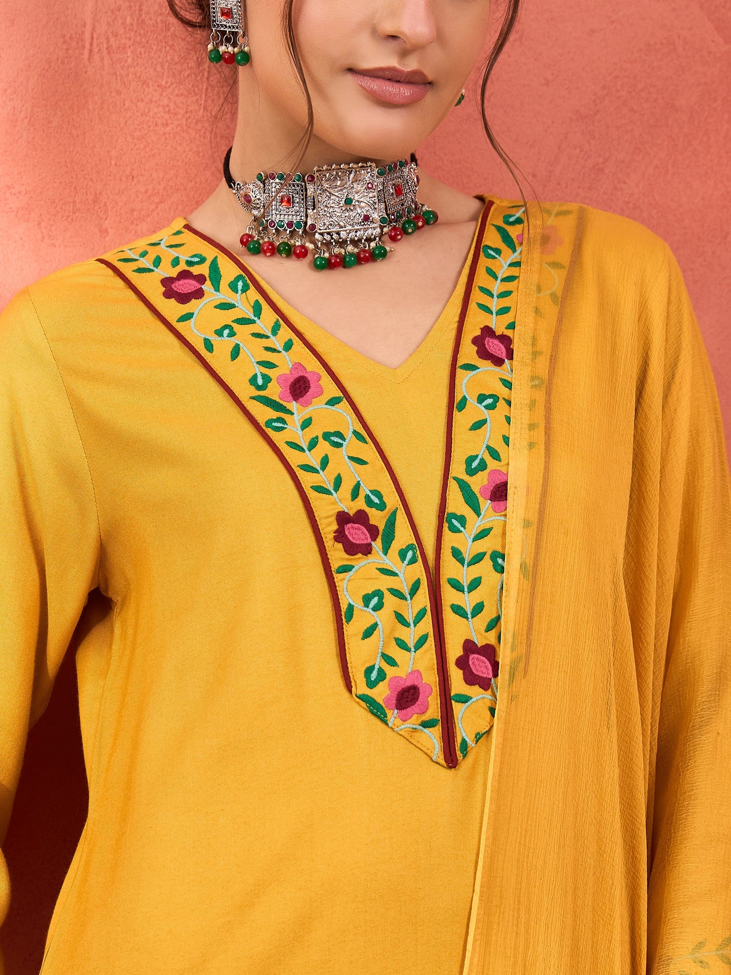 Mustard Rayon Embroidered Kurta With Pencil Pants & Dupatta-Shae by SASSAFRAS