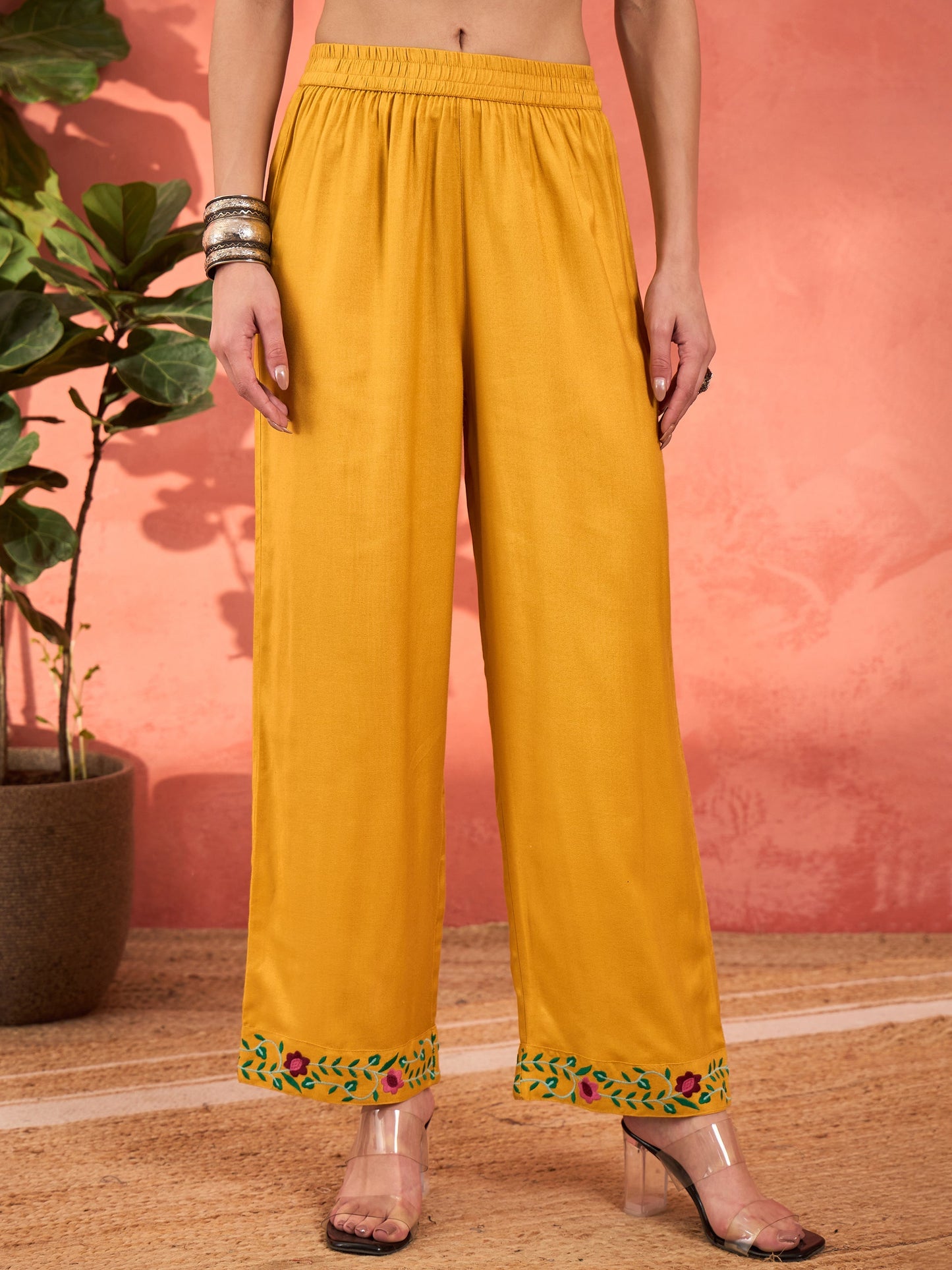Mustard Rayon Embroidered Kurta With Pencil Pants & Dupatta-Shae by SASSAFRAS