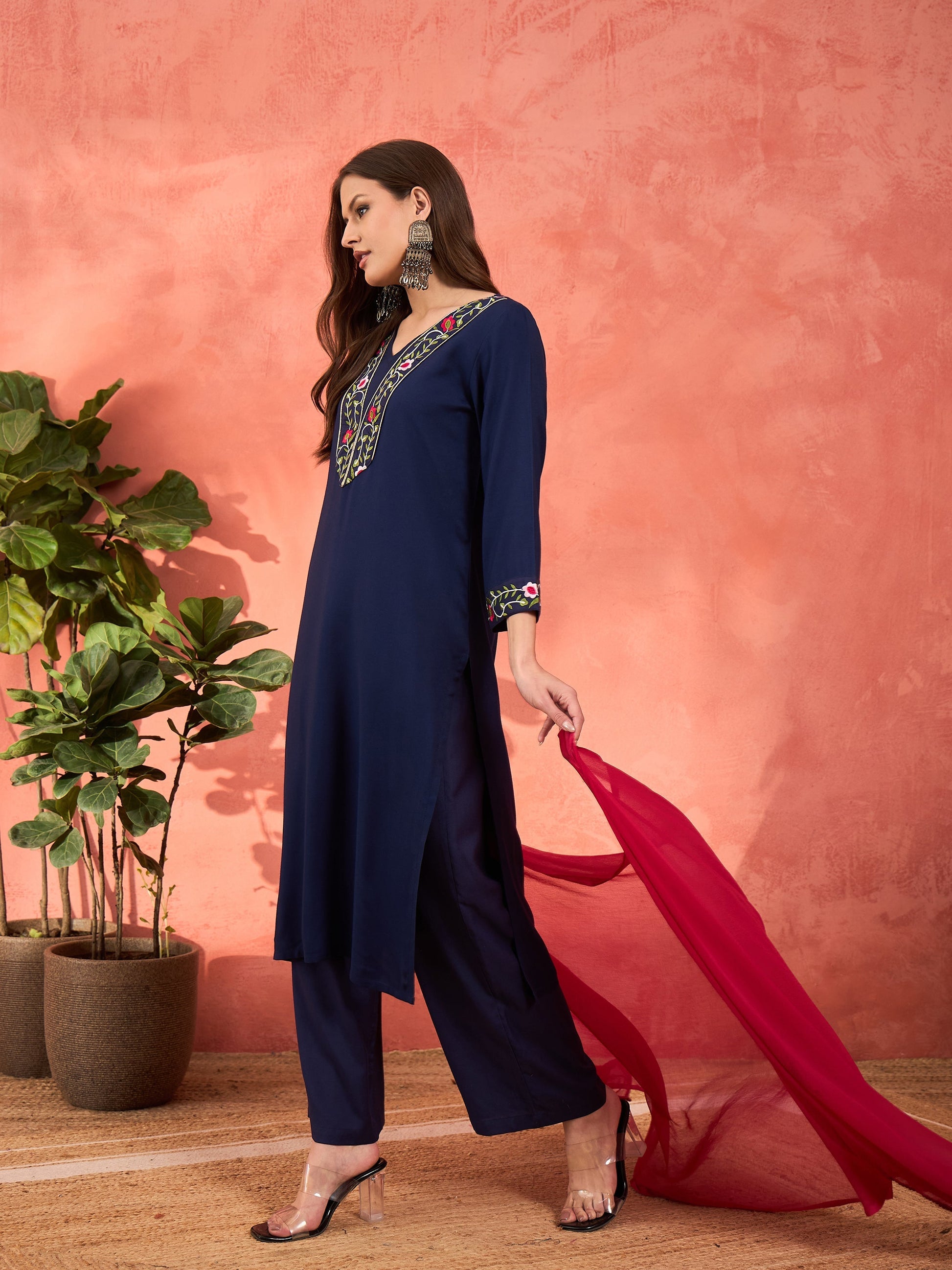 Navy Rayon Embroidered Kurta With Pencil Pants & Dupatta-Shae by SASSAFRAS