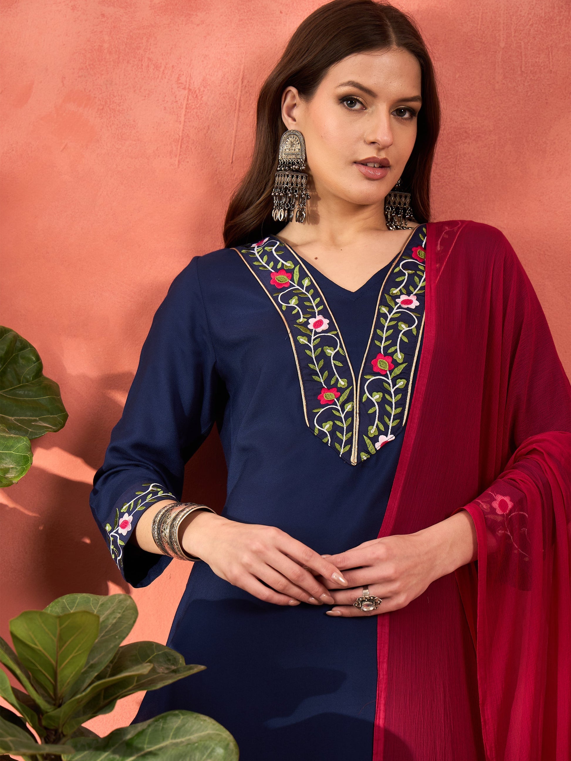 Navy Rayon Embroidered Kurta With Pencil Pants & Dupatta-Shae by SASSAFRAS