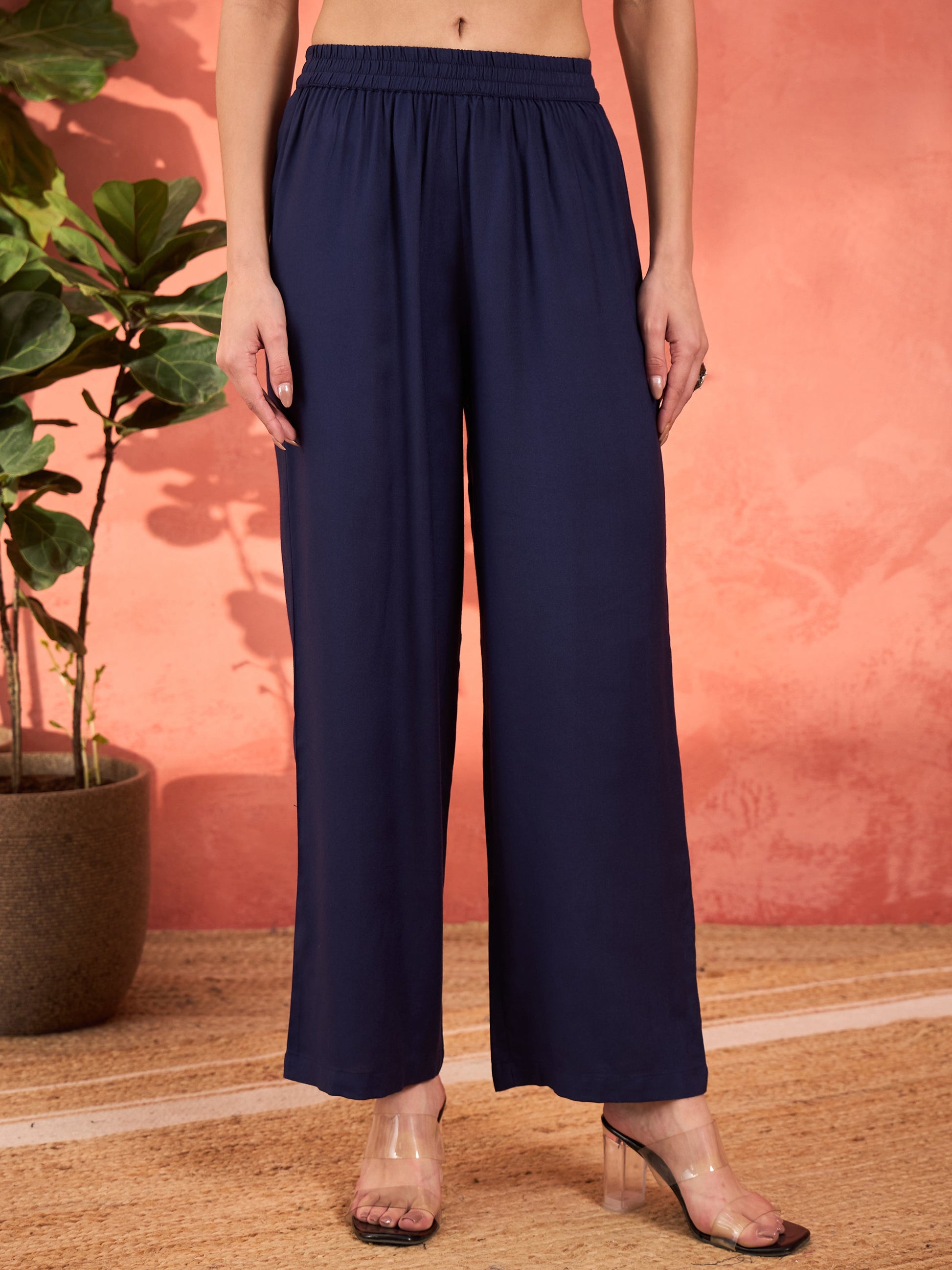 Navy Rayon Embroidered Kurta With Pencil Pants & Dupatta-Shae by SASSAFRAS