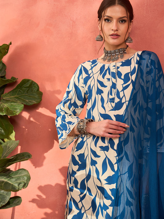 White & Blue Floral Rayon Kurta With Salwar & Dupatta-Shae by SASSAFRAS