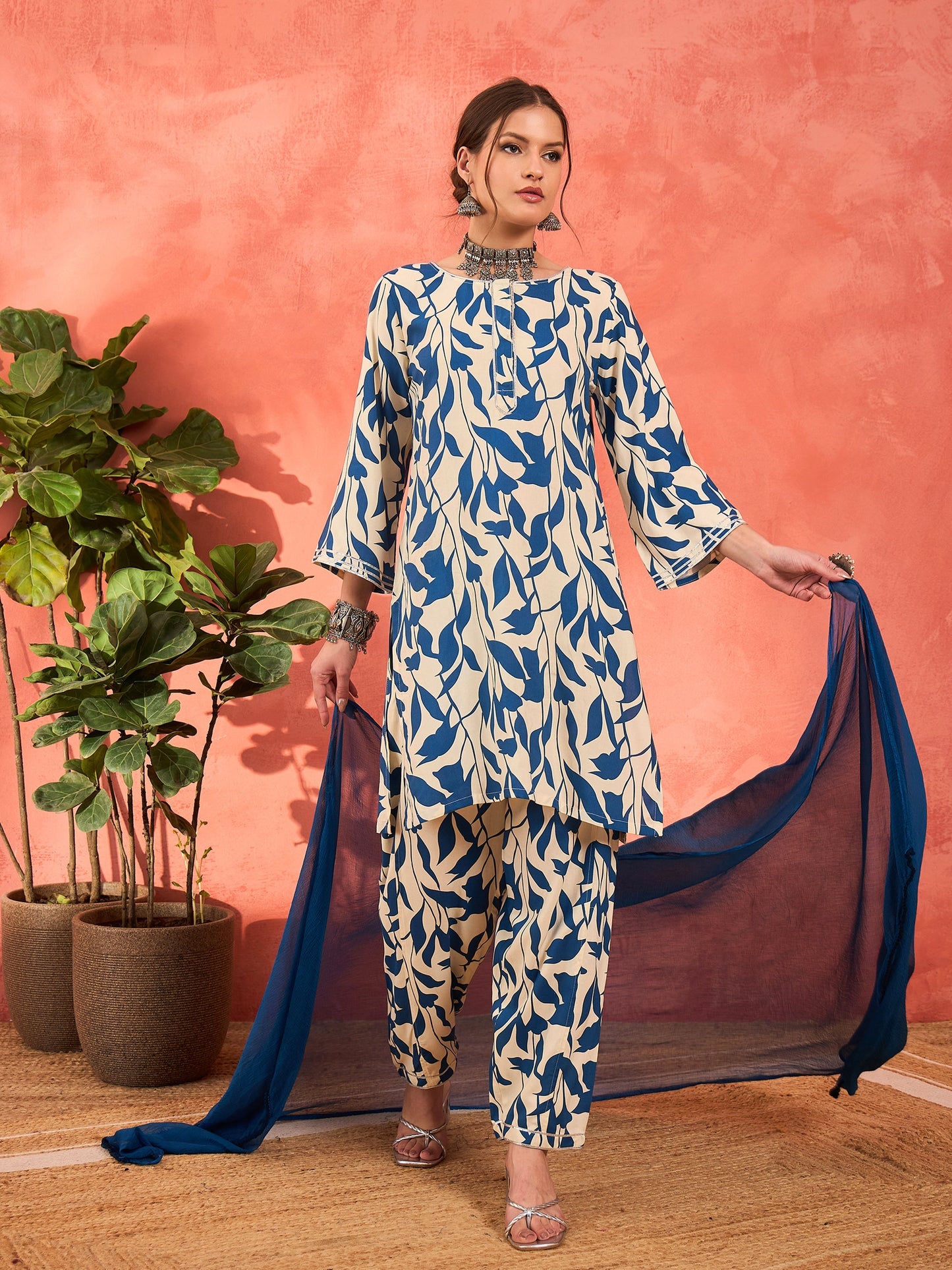 White & Blue Floral Rayon Kurta With Salwar & Dupatta-Shae by SASSAFRAS