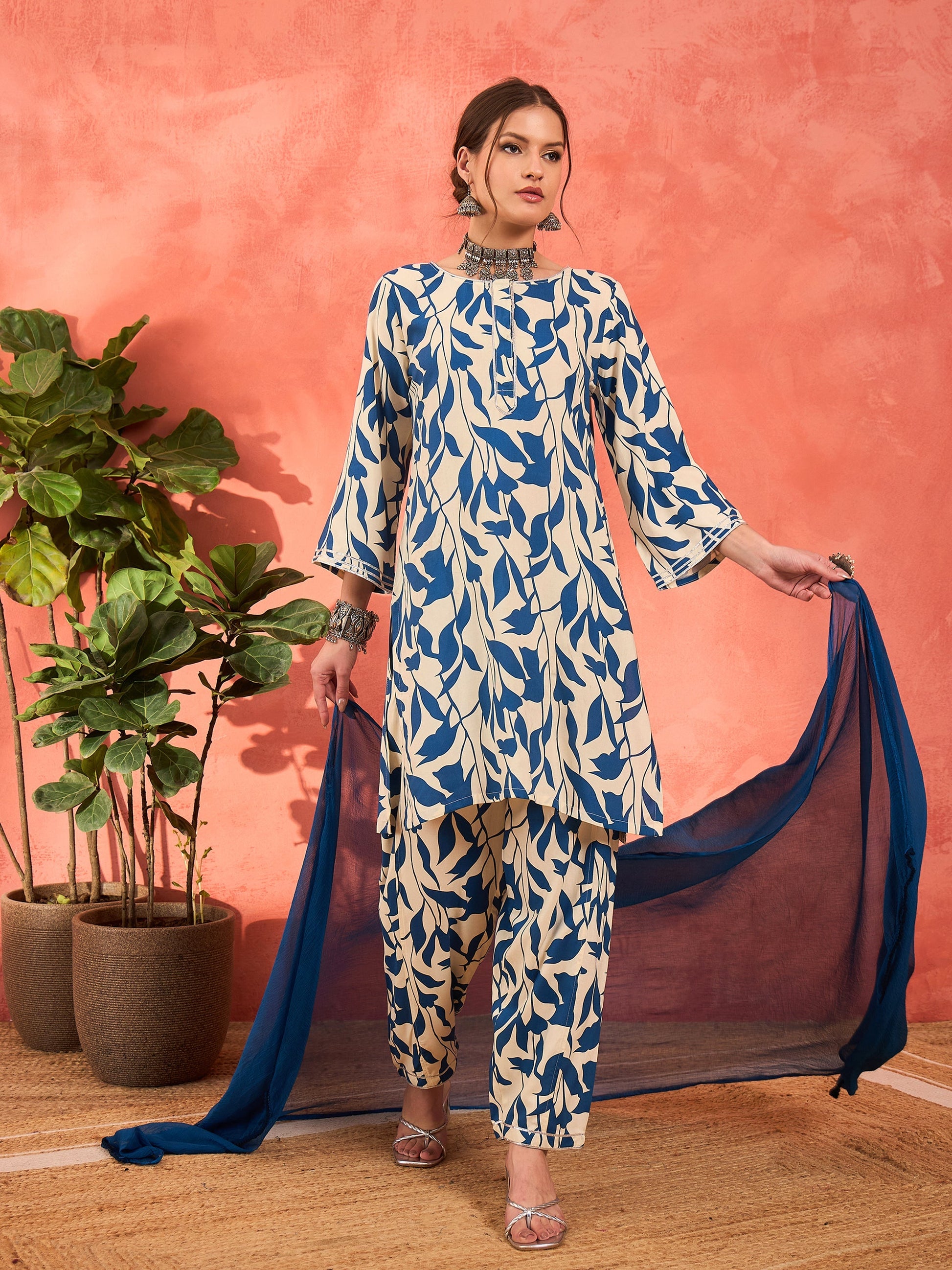 White & Blue Floral Rayon Kurta With Salwar & Dupatta-Shae by SASSAFRAS