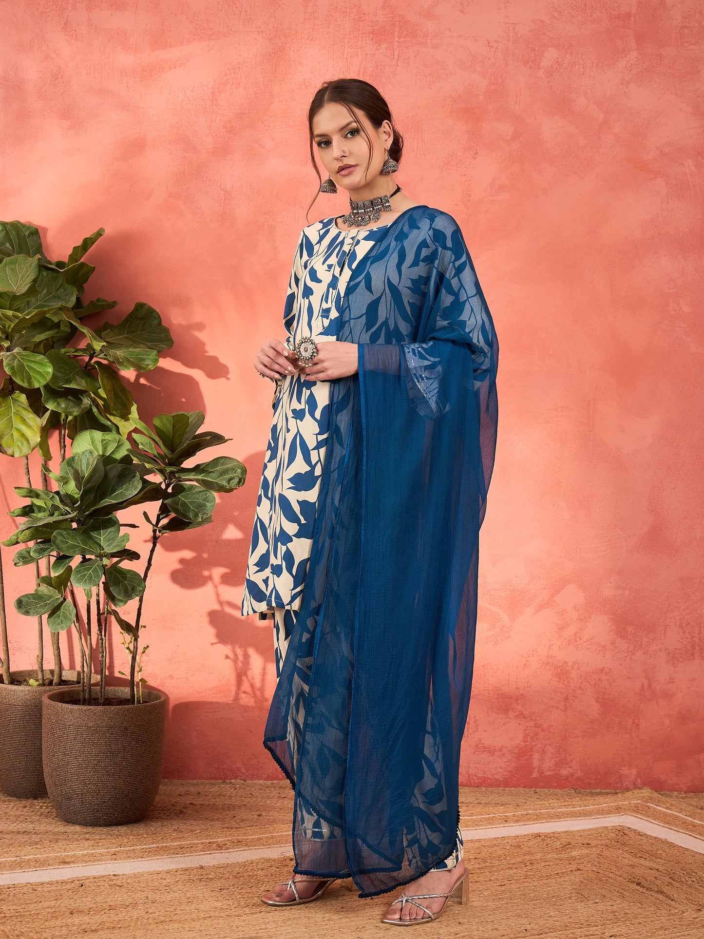 White & Blue Floral Rayon Kurta With Salwar & Dupatta-Shae by SASSAFRAS