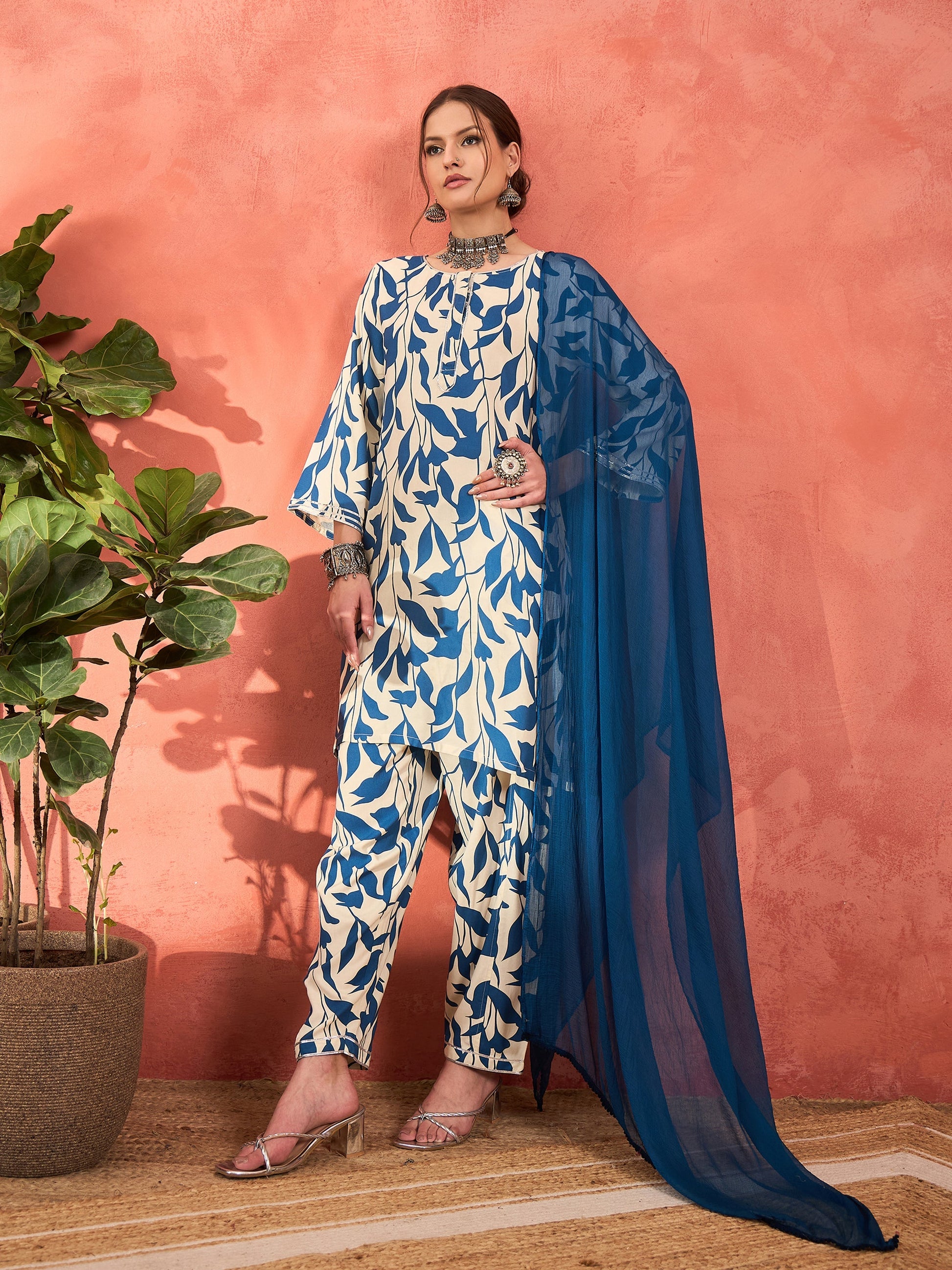 White & Blue Floral Rayon Kurta With Salwar & Dupatta-Shae by SASSAFRAS