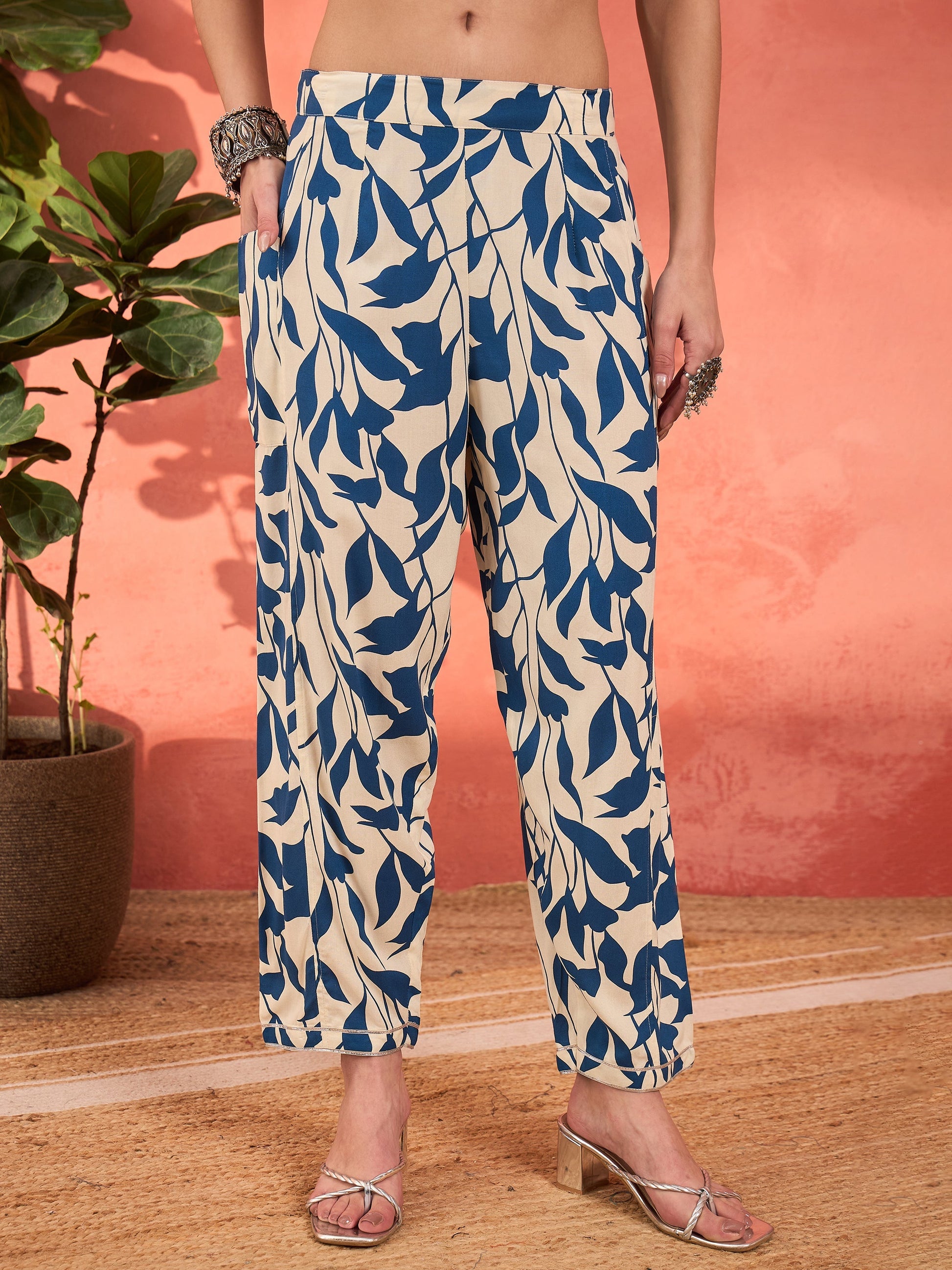 White & Blue Floral Rayon Kurta With Salwar & Dupatta-Shae by SASSAFRAS
