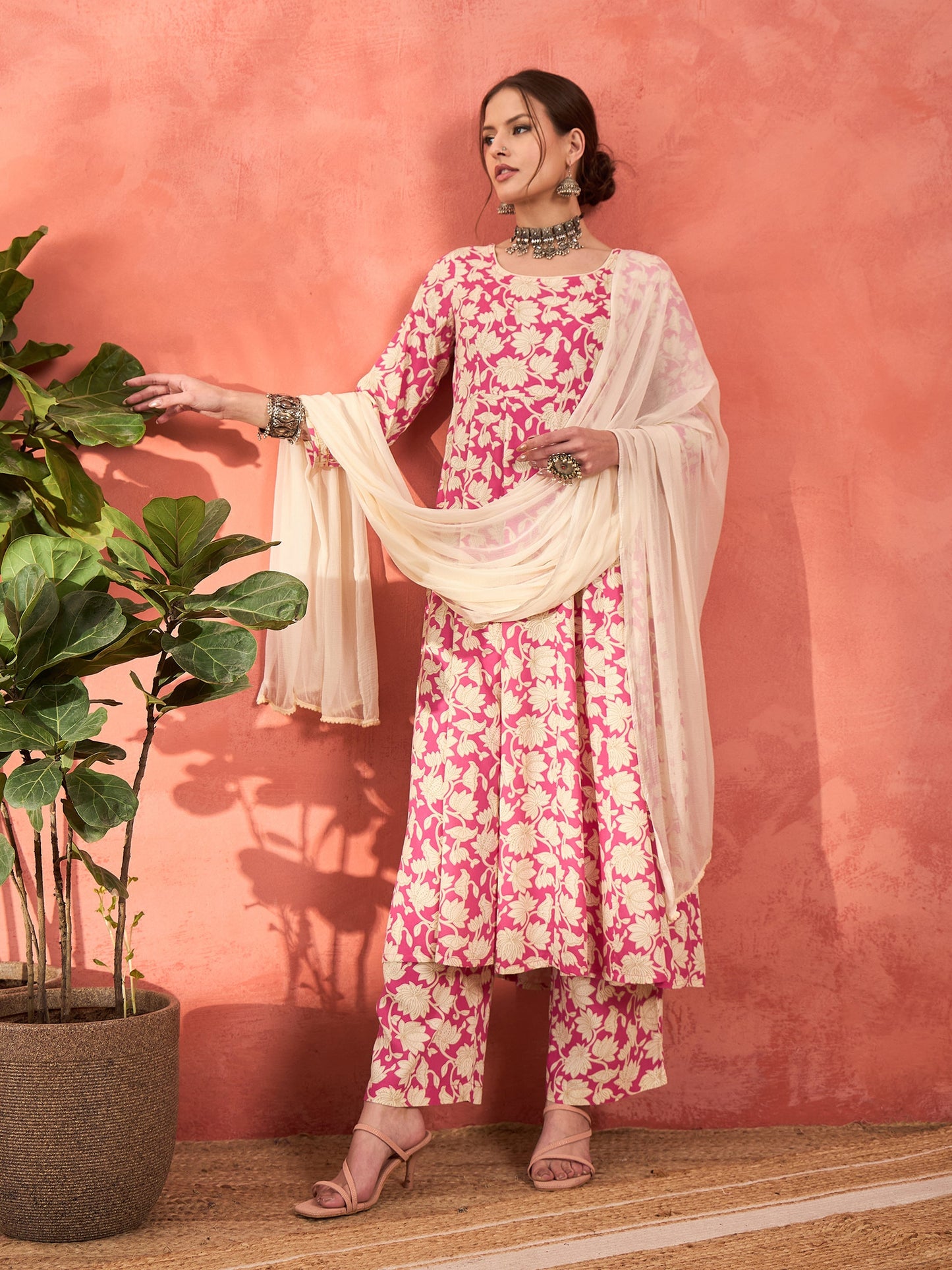 Pink Floral Rayon Anarkali Kurta With Straight Pants & Dupatta-Shae by SASSAFRAS