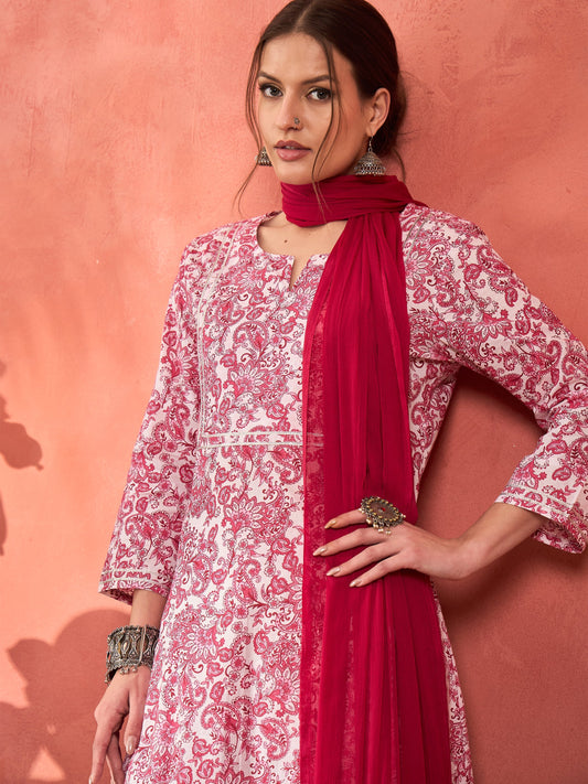 Pink & White Cambric Kurta With Pencil Pants & Dupatta-Shae by SASSAFRAS
