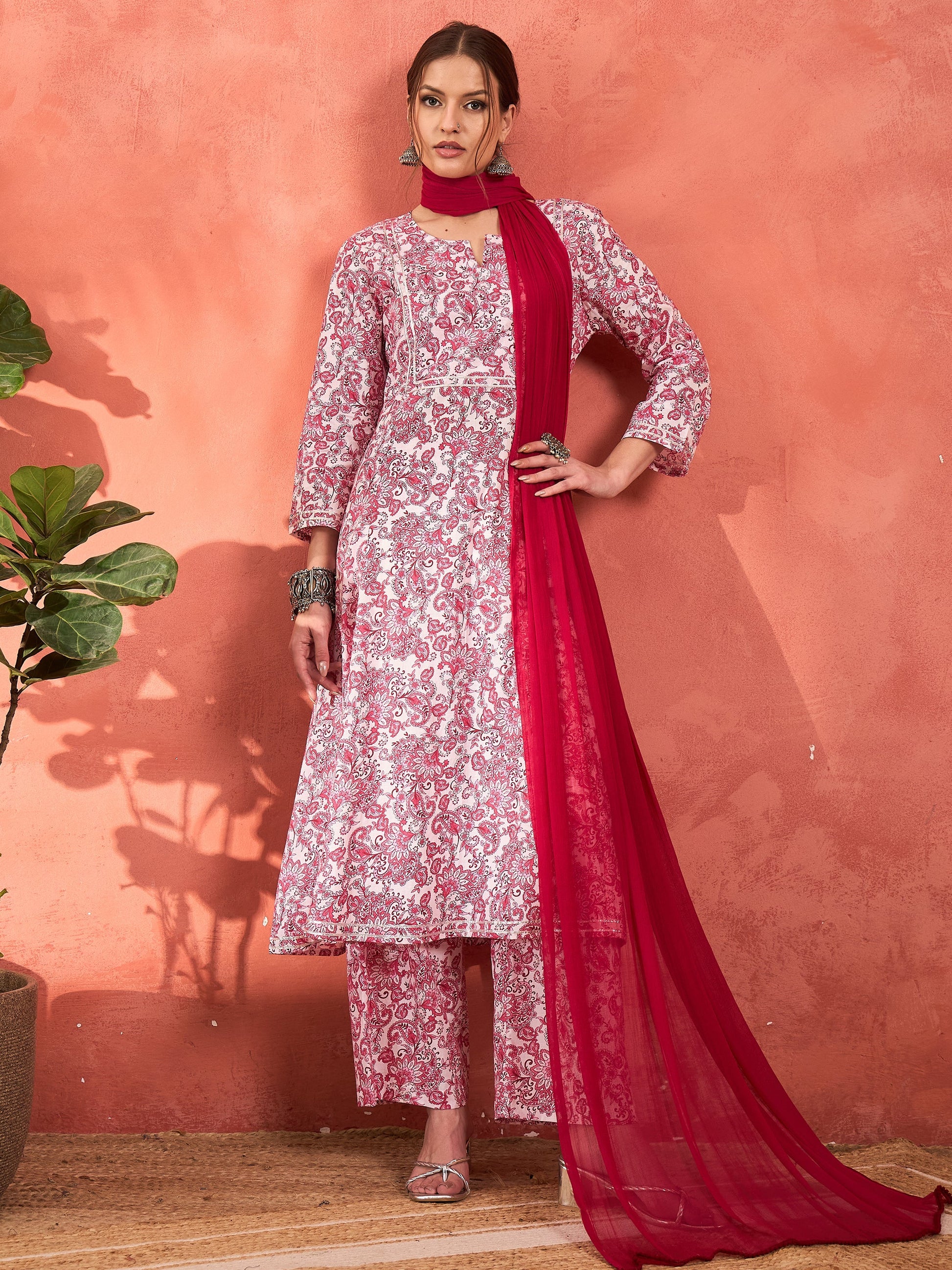 Pink & White Cambric Kurta With Pencil Pants & Dupatta-Shae by SASSAFRAS