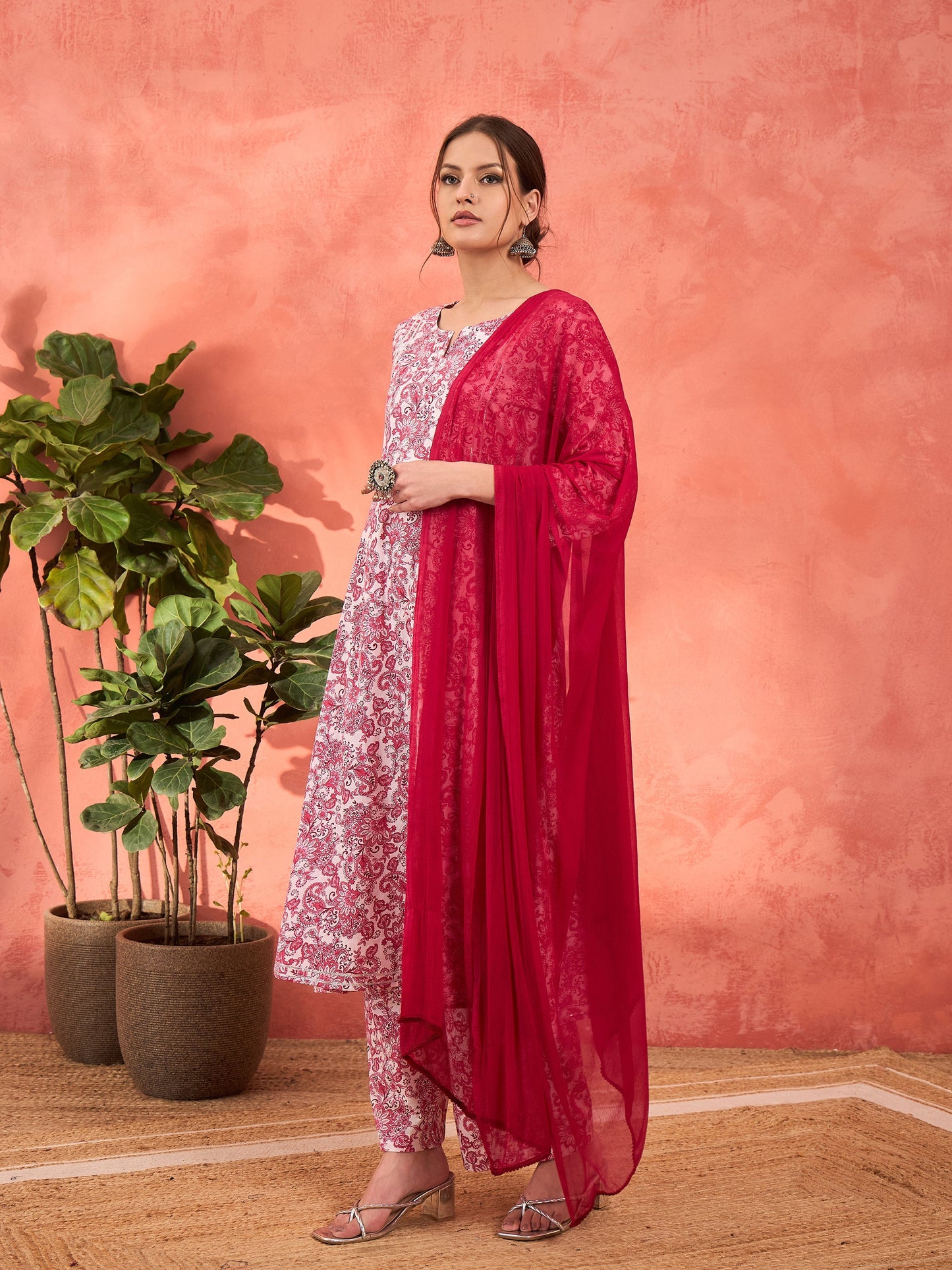 Pink & White Cambric Kurta With Pencil Pants & Dupatta-Shae by SASSAFRAS