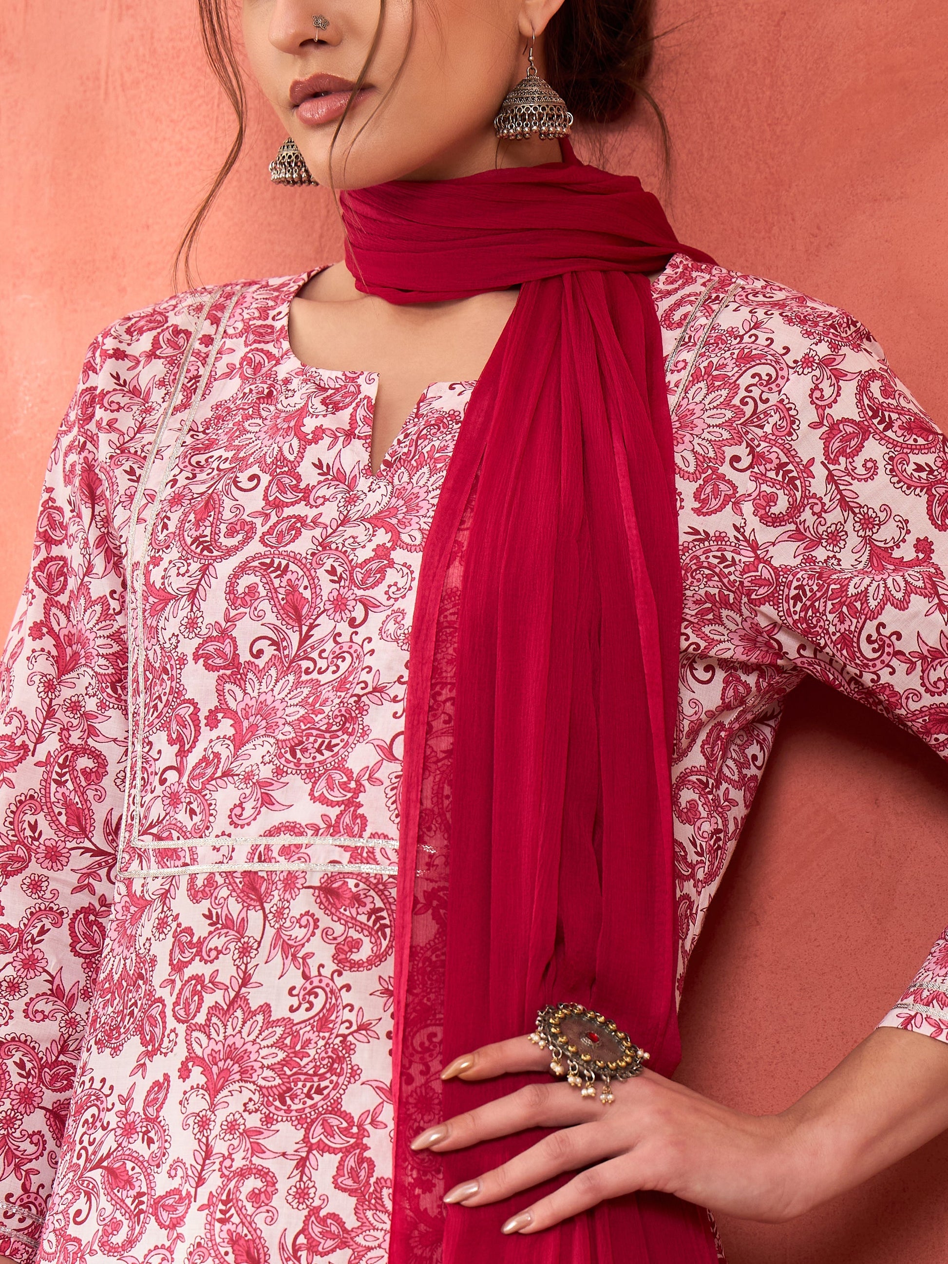 Pink & White Cambric Kurta With Pencil Pants & Dupatta-Shae by SASSAFRAS