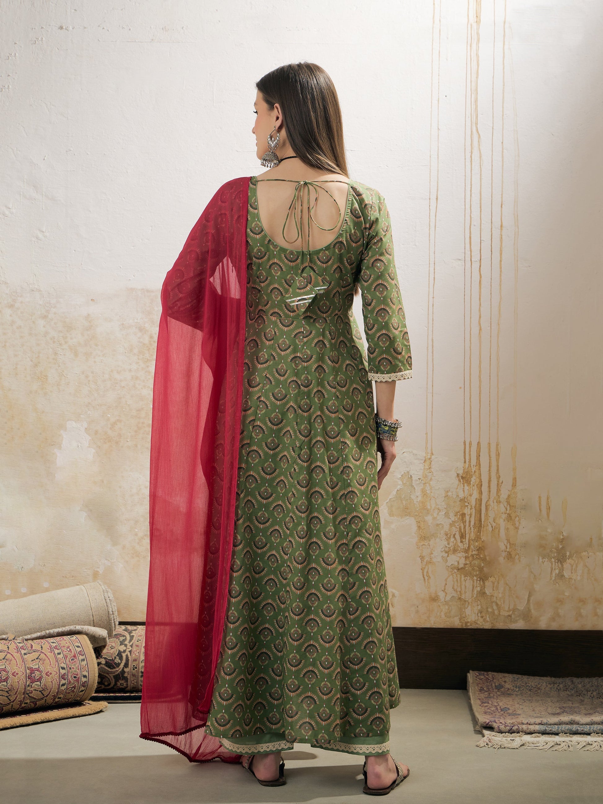 Green Floral Cambric Anarkali Kurta With Pencil Pants & Dupatta-Shae by SASSAFRAS